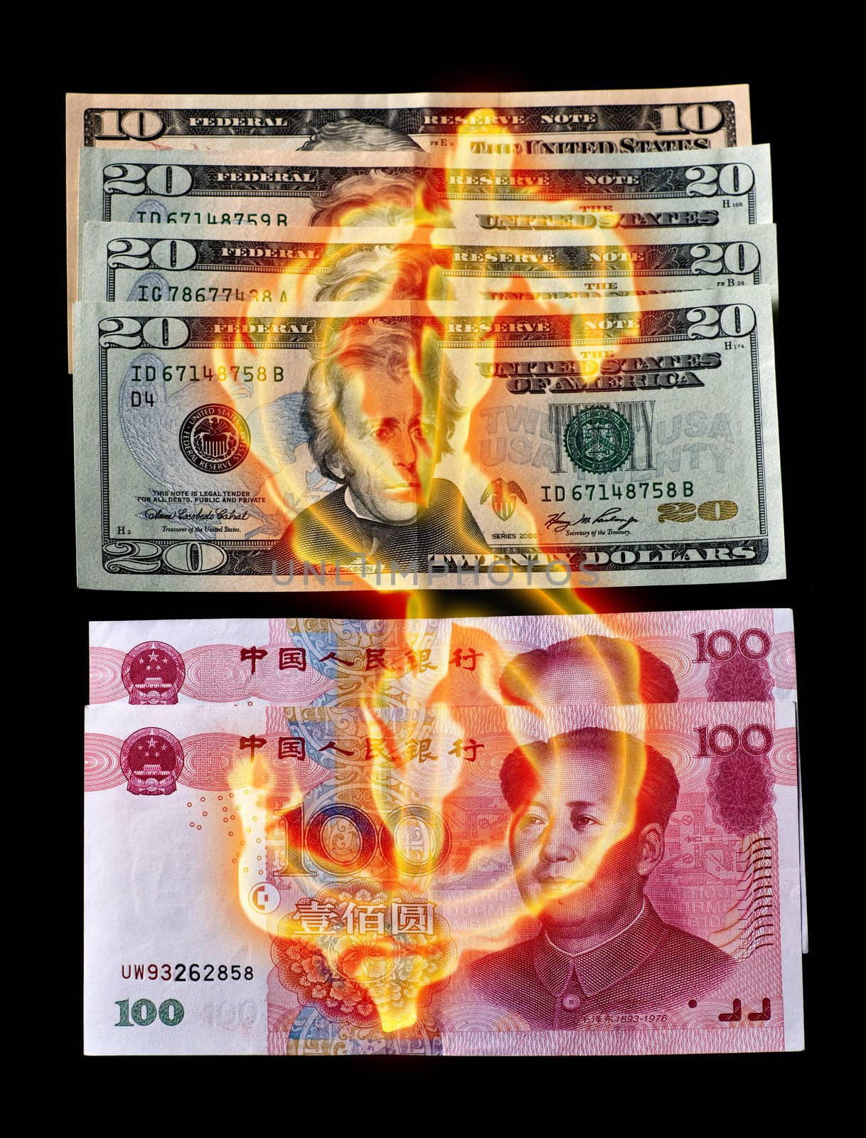 Burning dollar sign over paper money