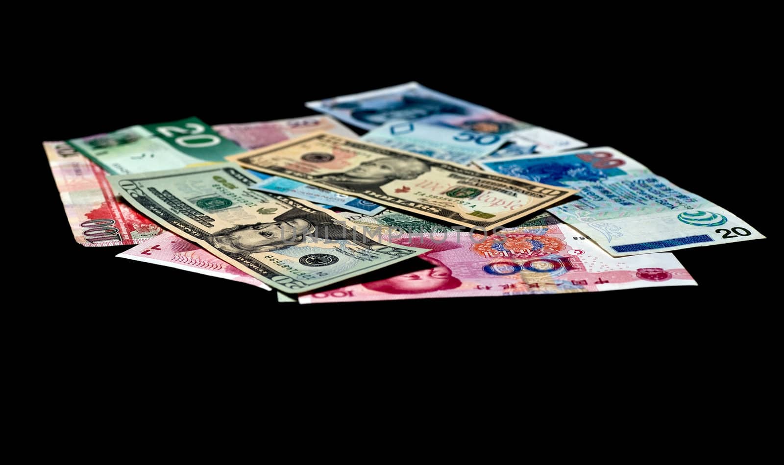 Various paper money composition on black background