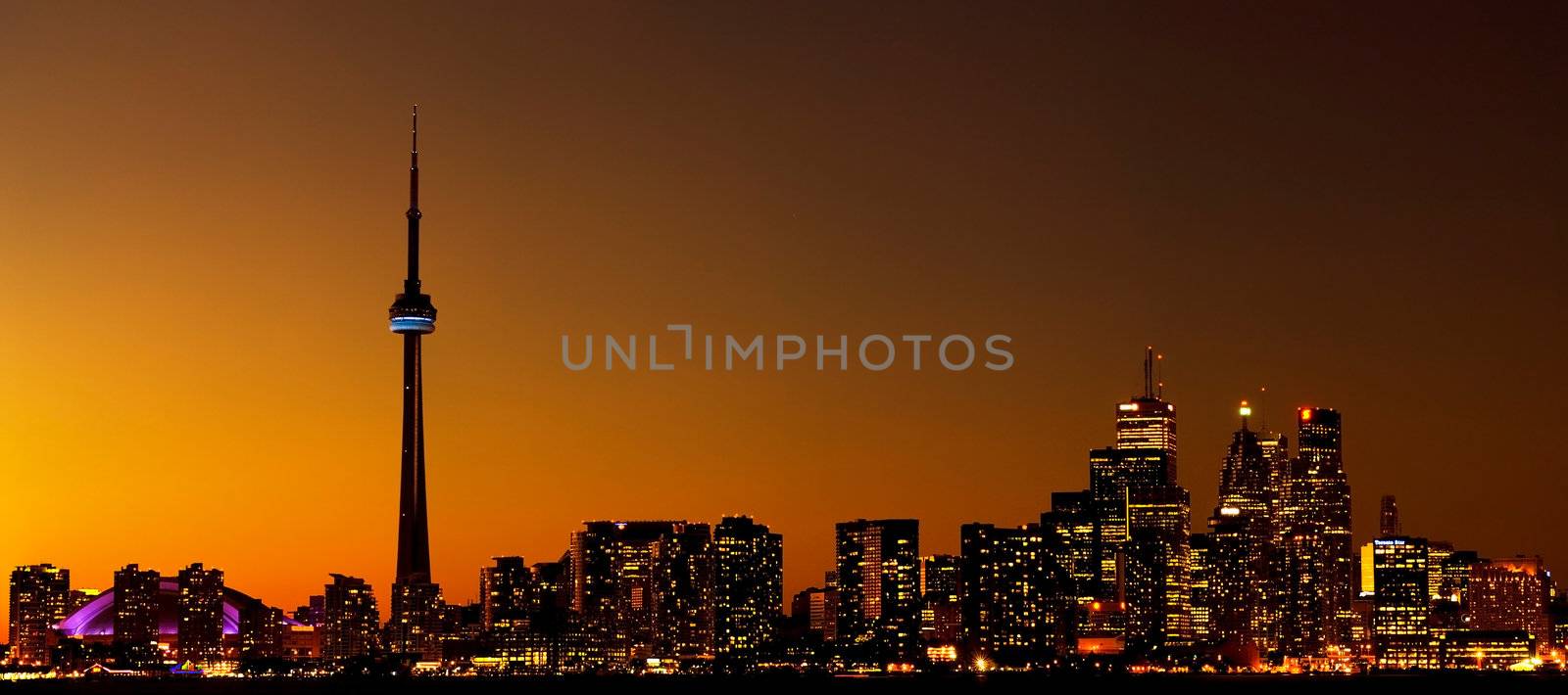 Night view on downtown Toronto from lake Ontario