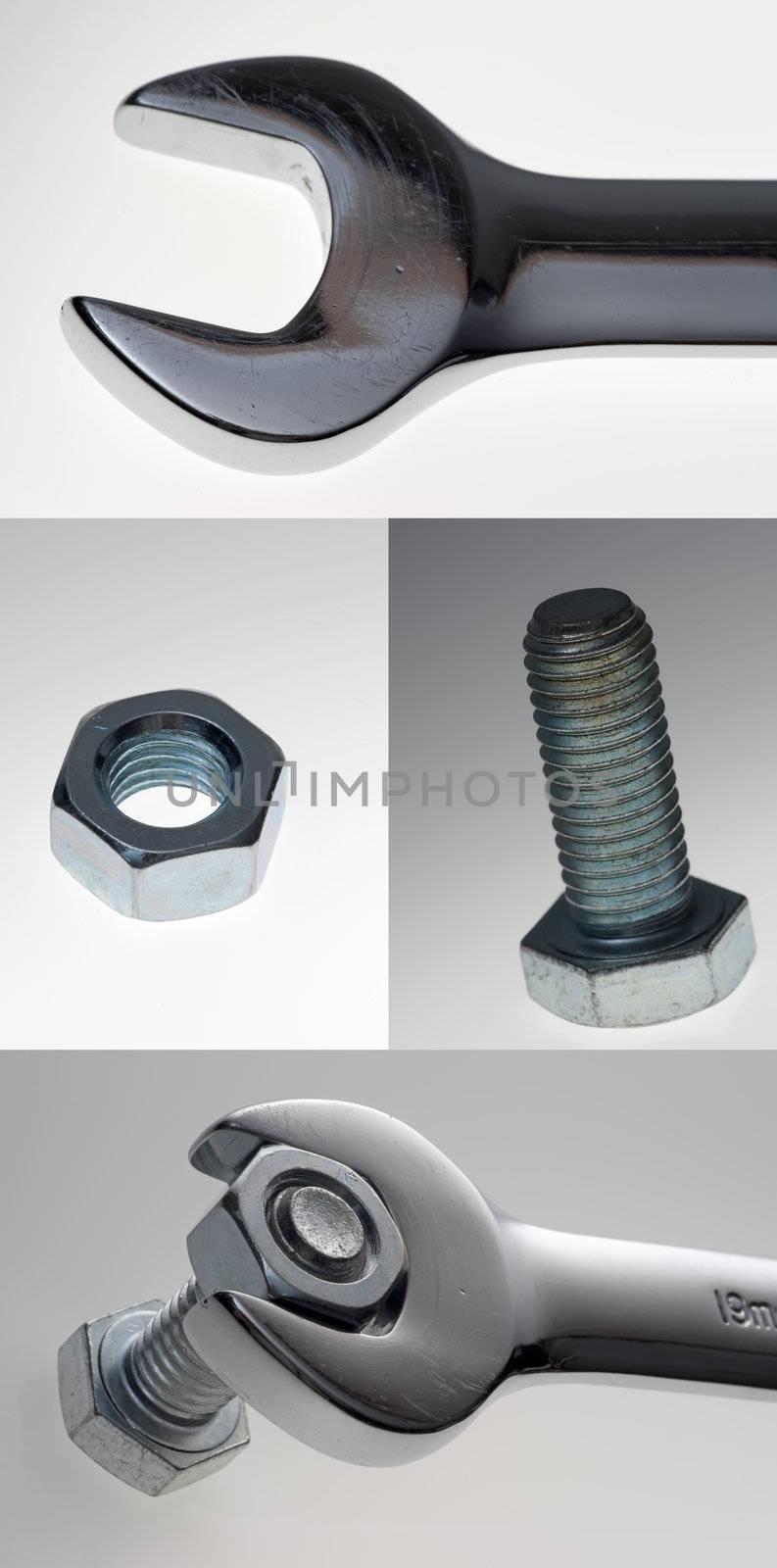 Assortment of extreme closeups of a wrench, nut and bolt