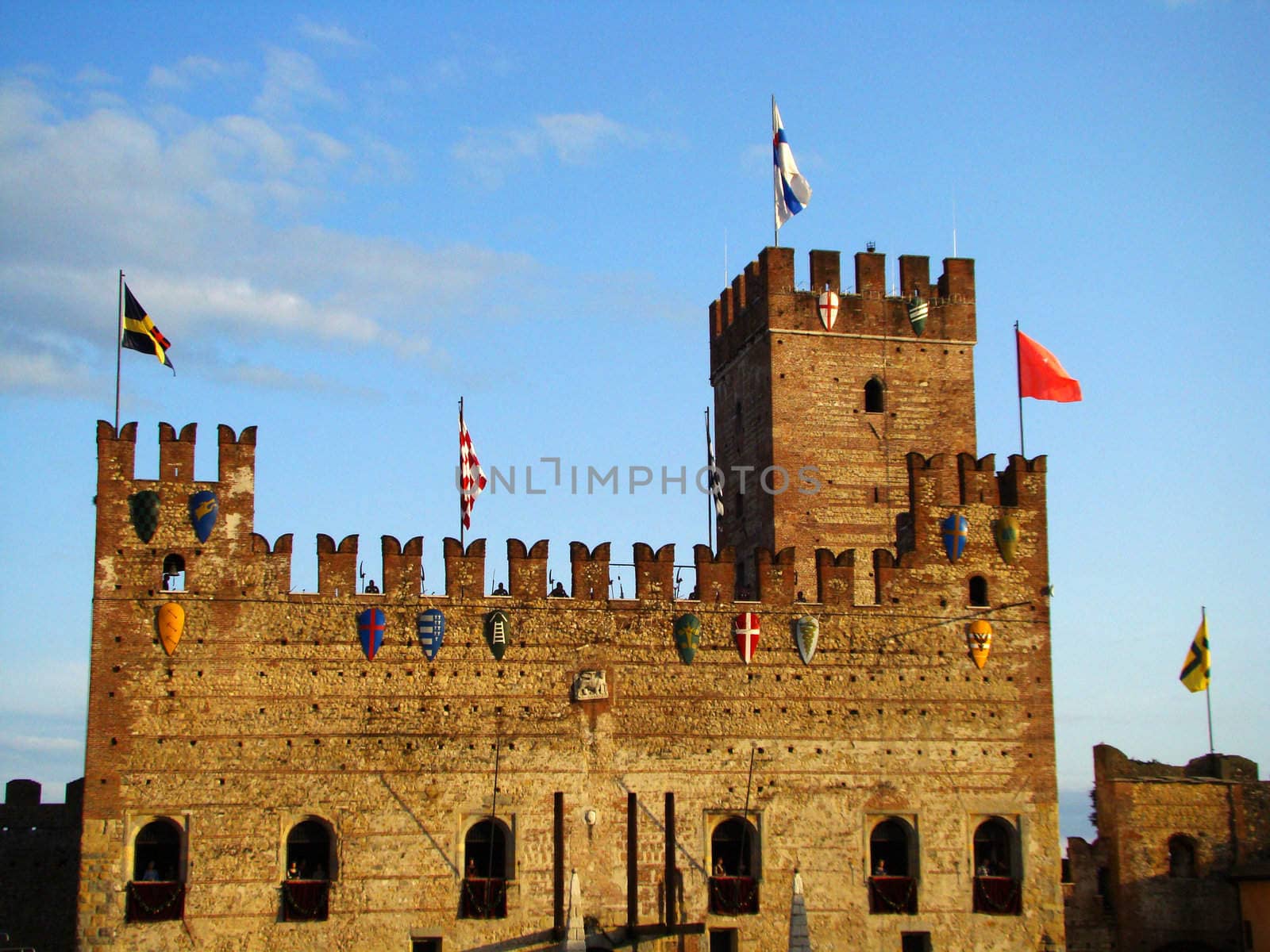 Marostica - town in the province of Vicenza Veneto northern Italy. It is mostly famous for its living chess event and for the local cherry variety. On the photo  Lower Castle decorated during chess event.