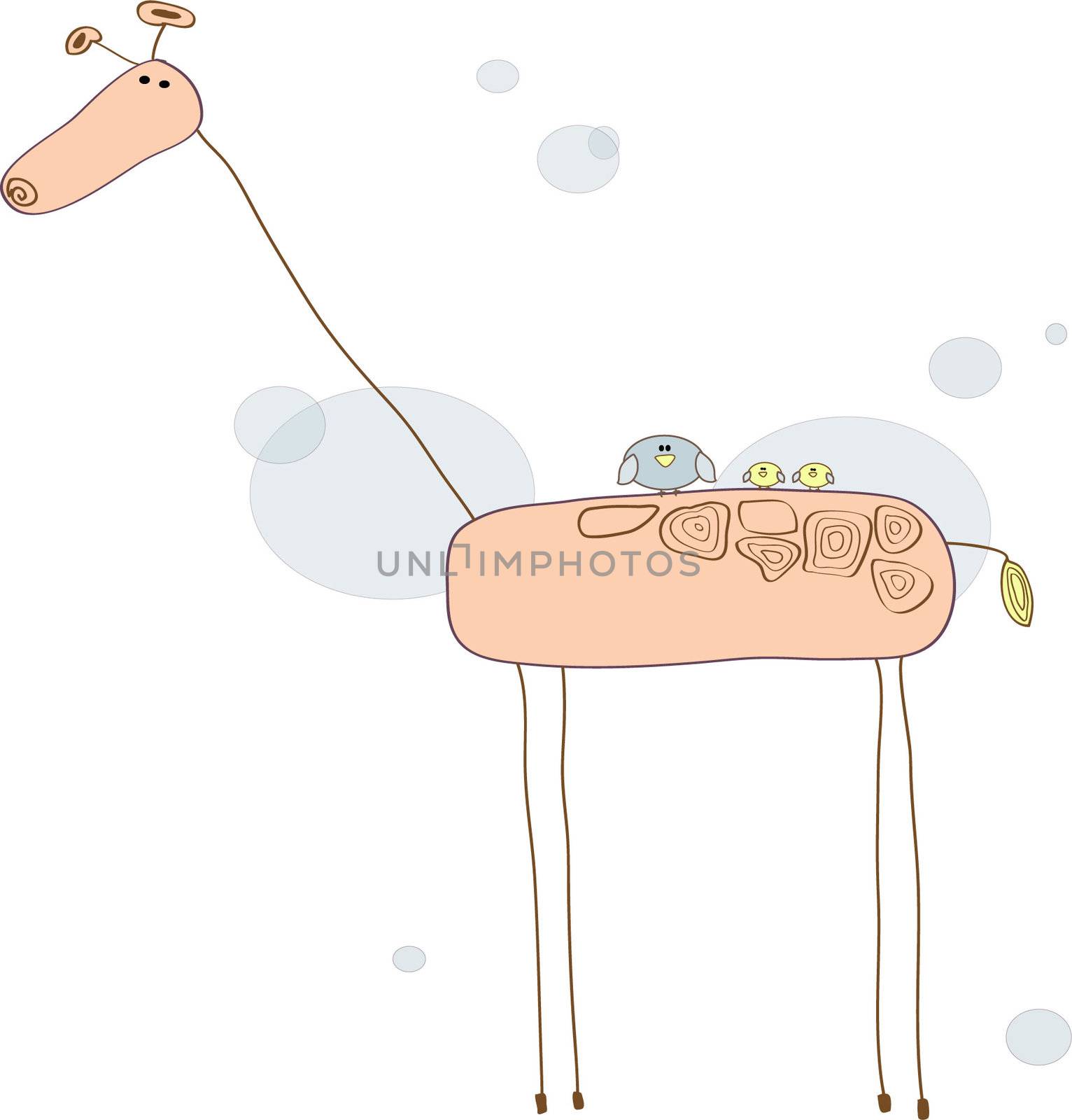 A pink giraffe with little birds sitting on its back.
