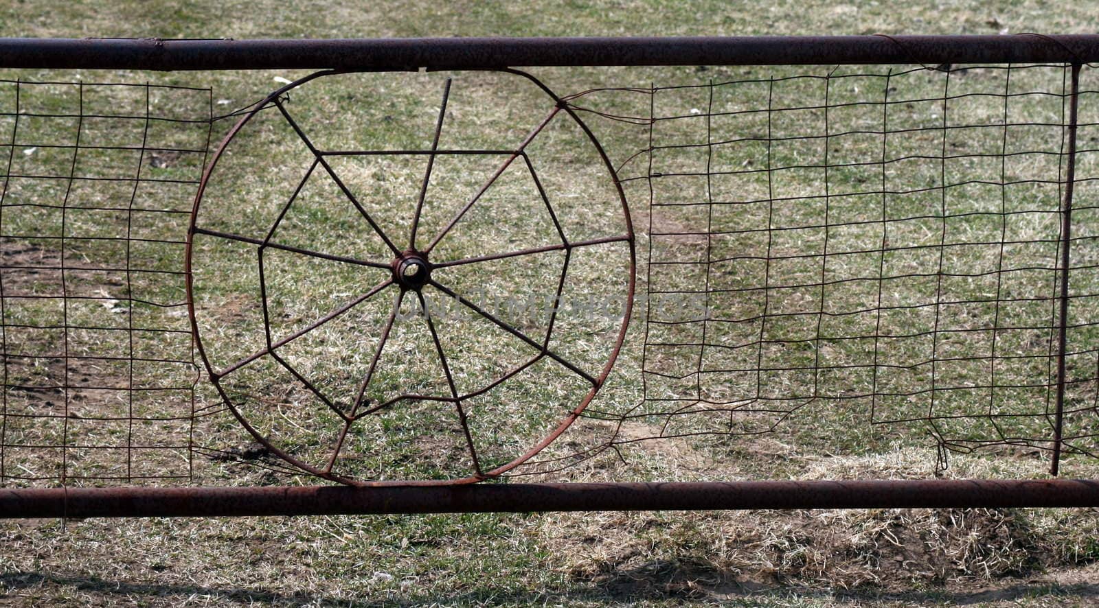 a panel of handmade metal fence, showing a spider web design 