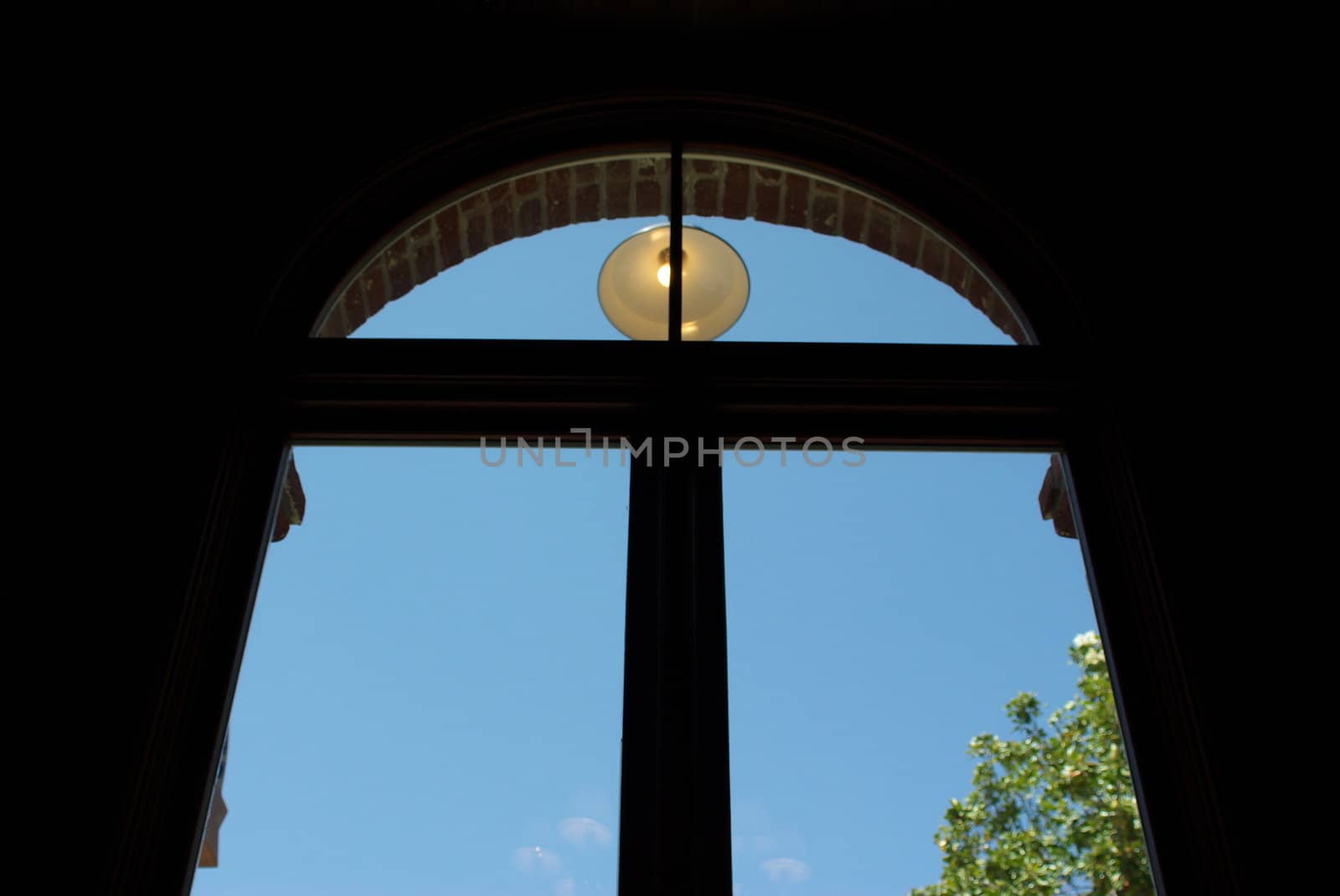 A view looking outside through an arched window in a dark room.