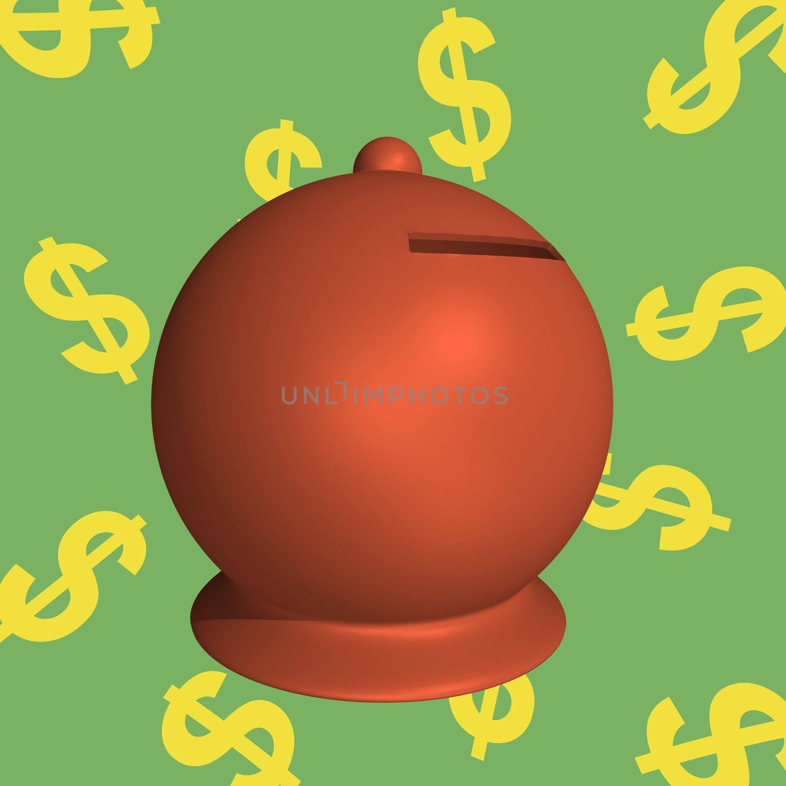 Moneybox on green background with dollar symbols