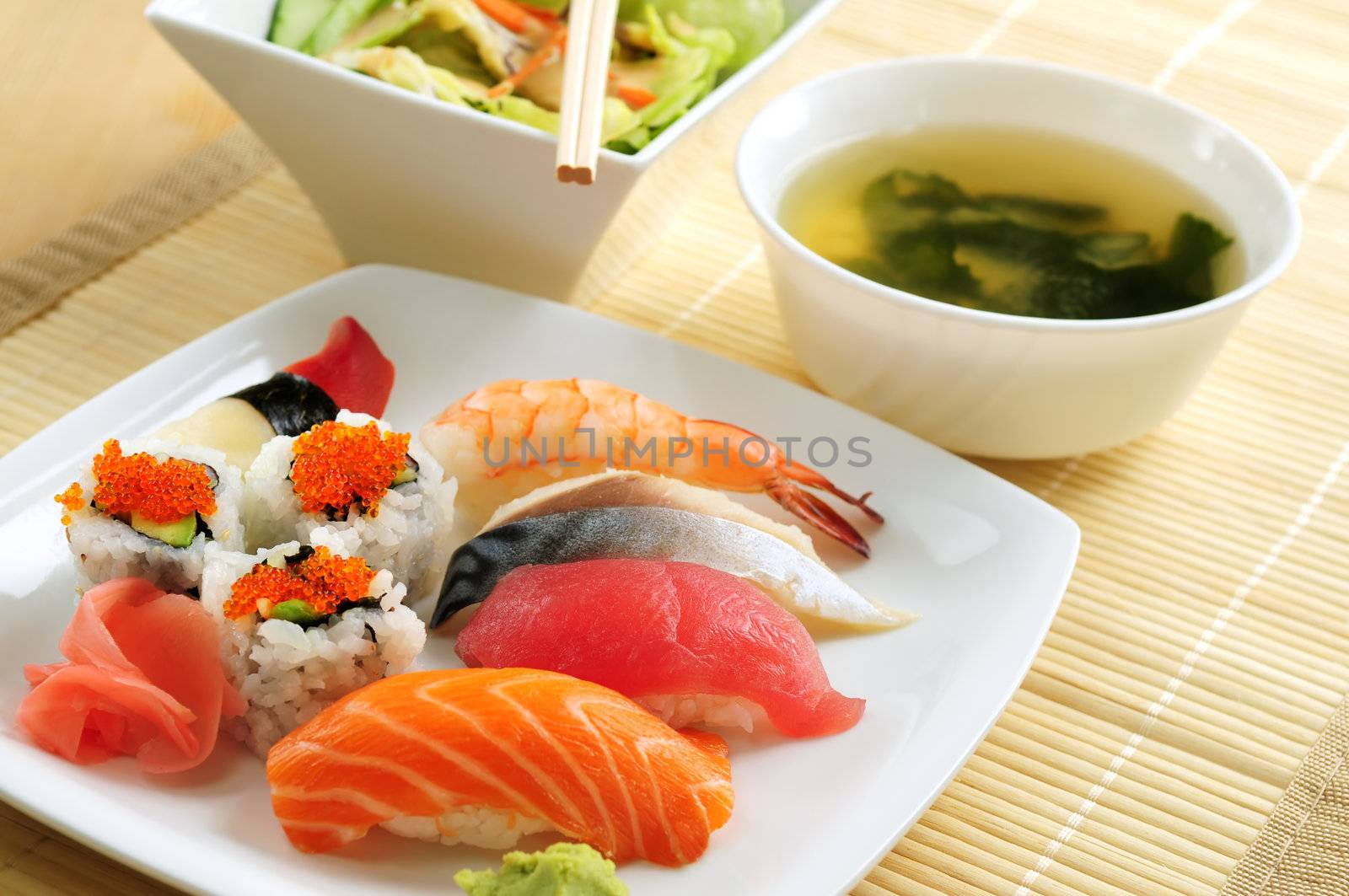 Sushi lunch with miso soup and green salad