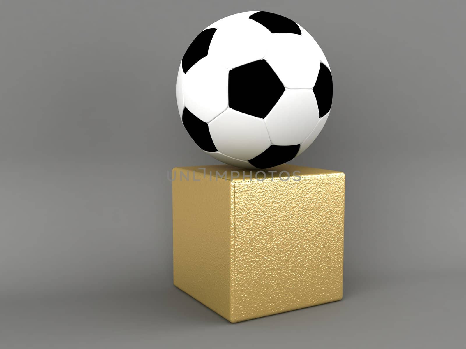 Football on a gold pedestal on a grey background