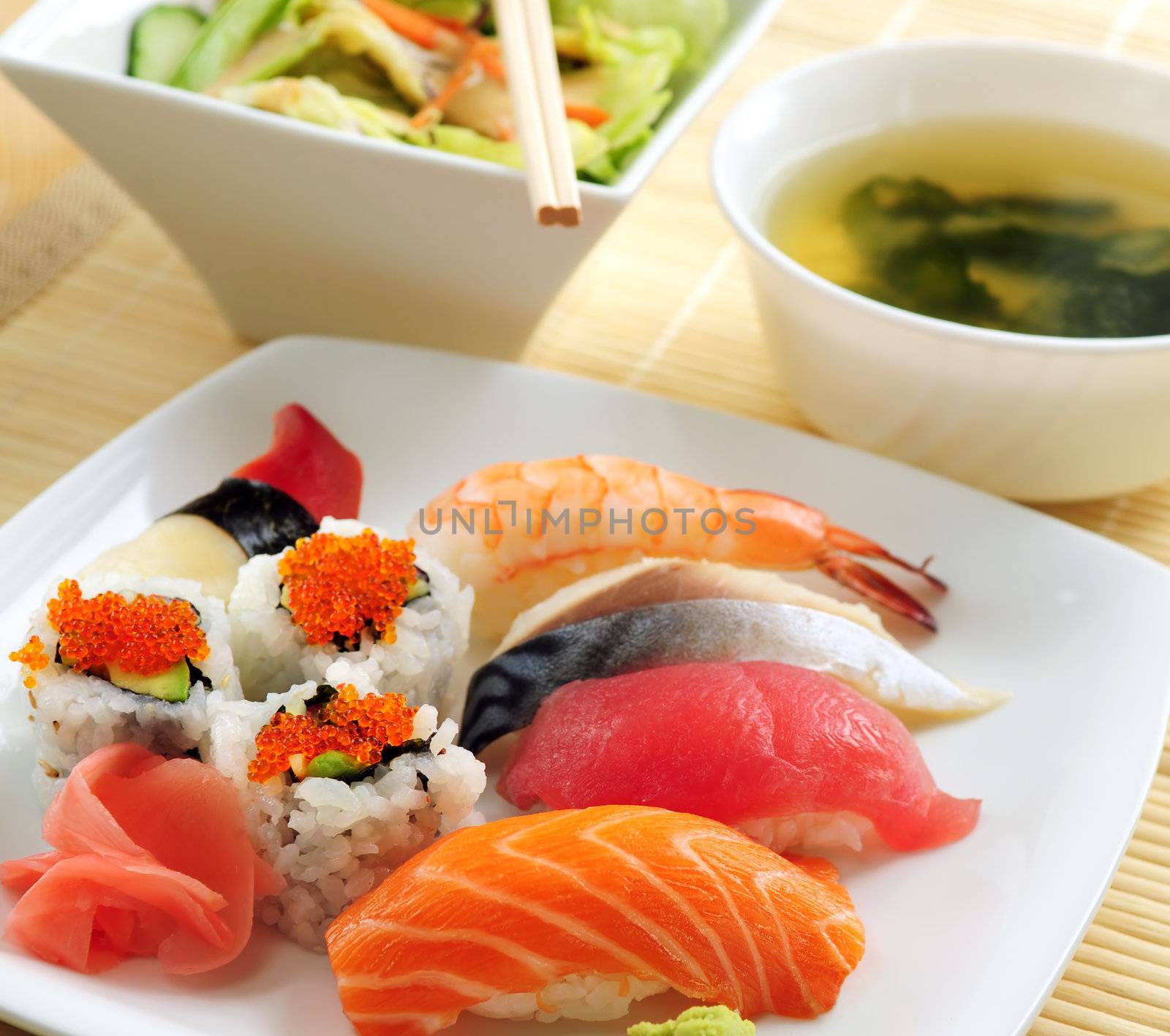 Sushi lunch with miso soup and green salad