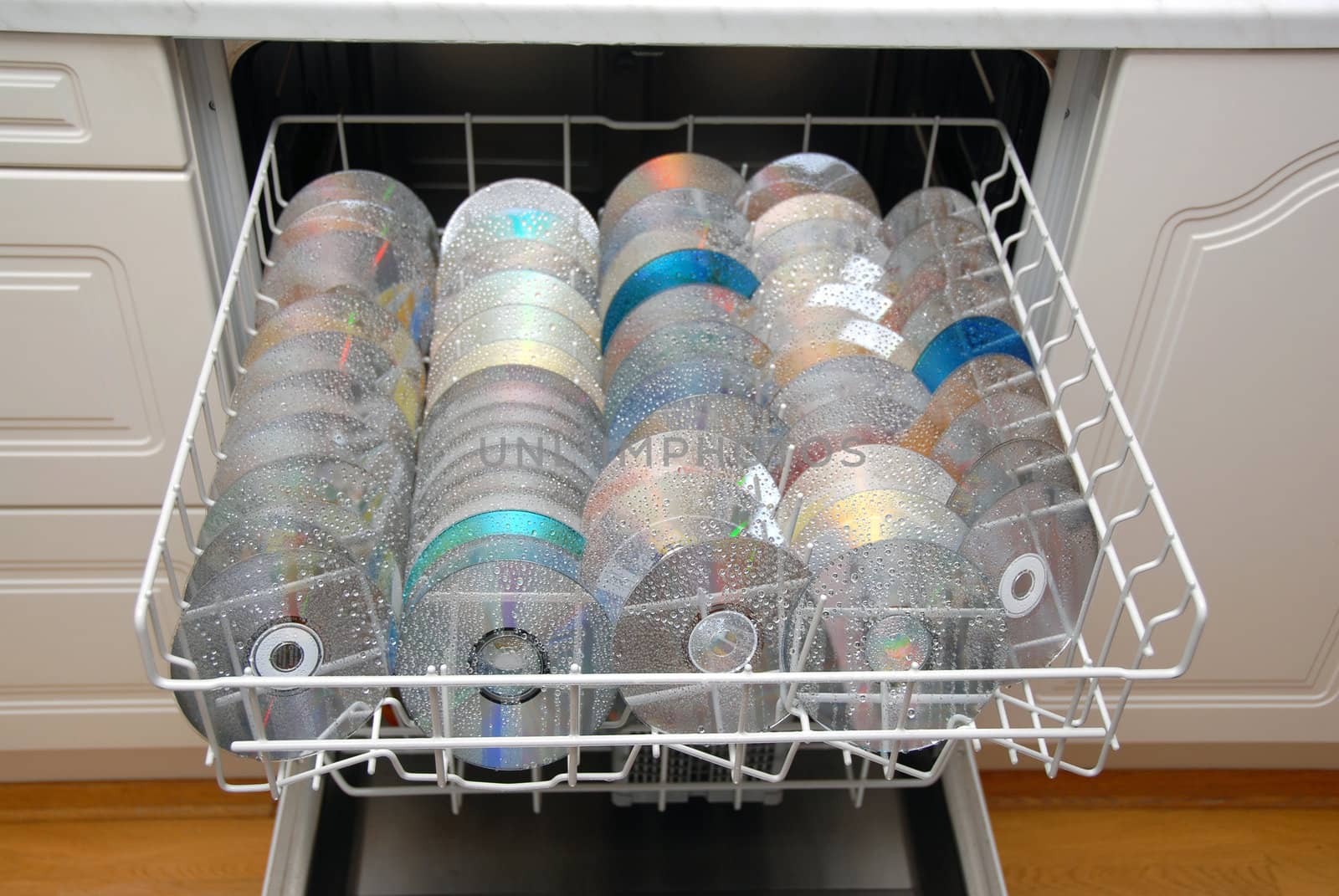 Washing cd / Dvd`s in  dishwash machine.
Selective focus.
Norway 2009.