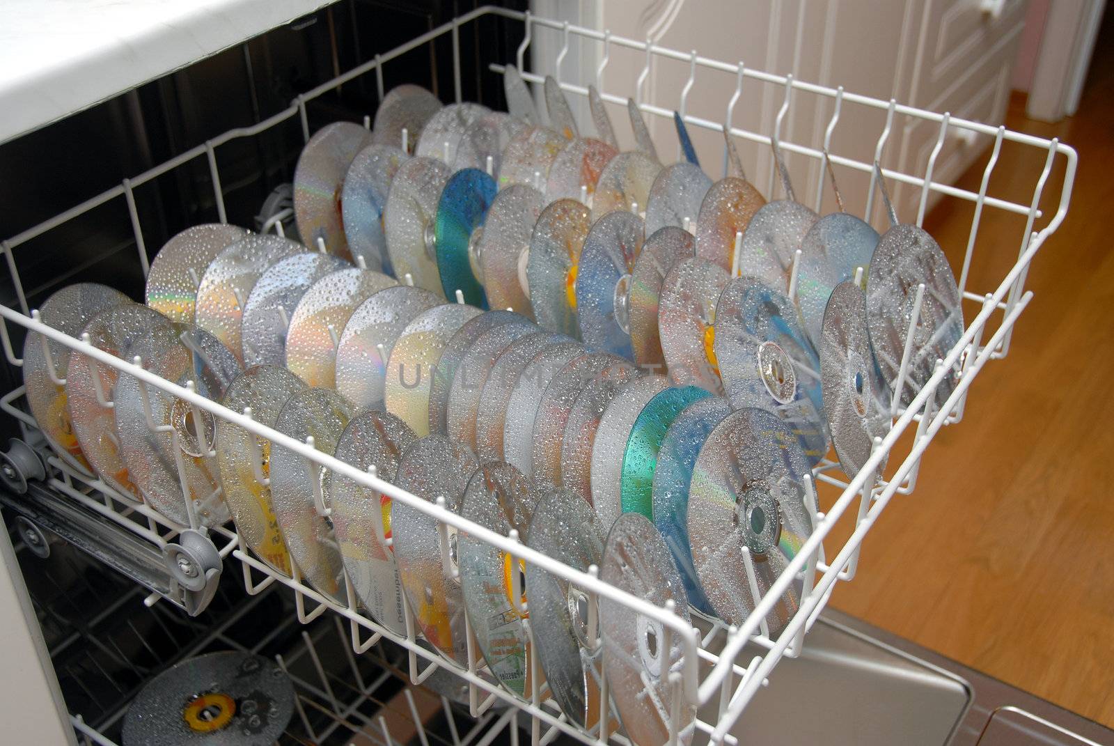 Washing cd / Dvd`s in  dishwash machine.
Selective focus.
Norway 2009.