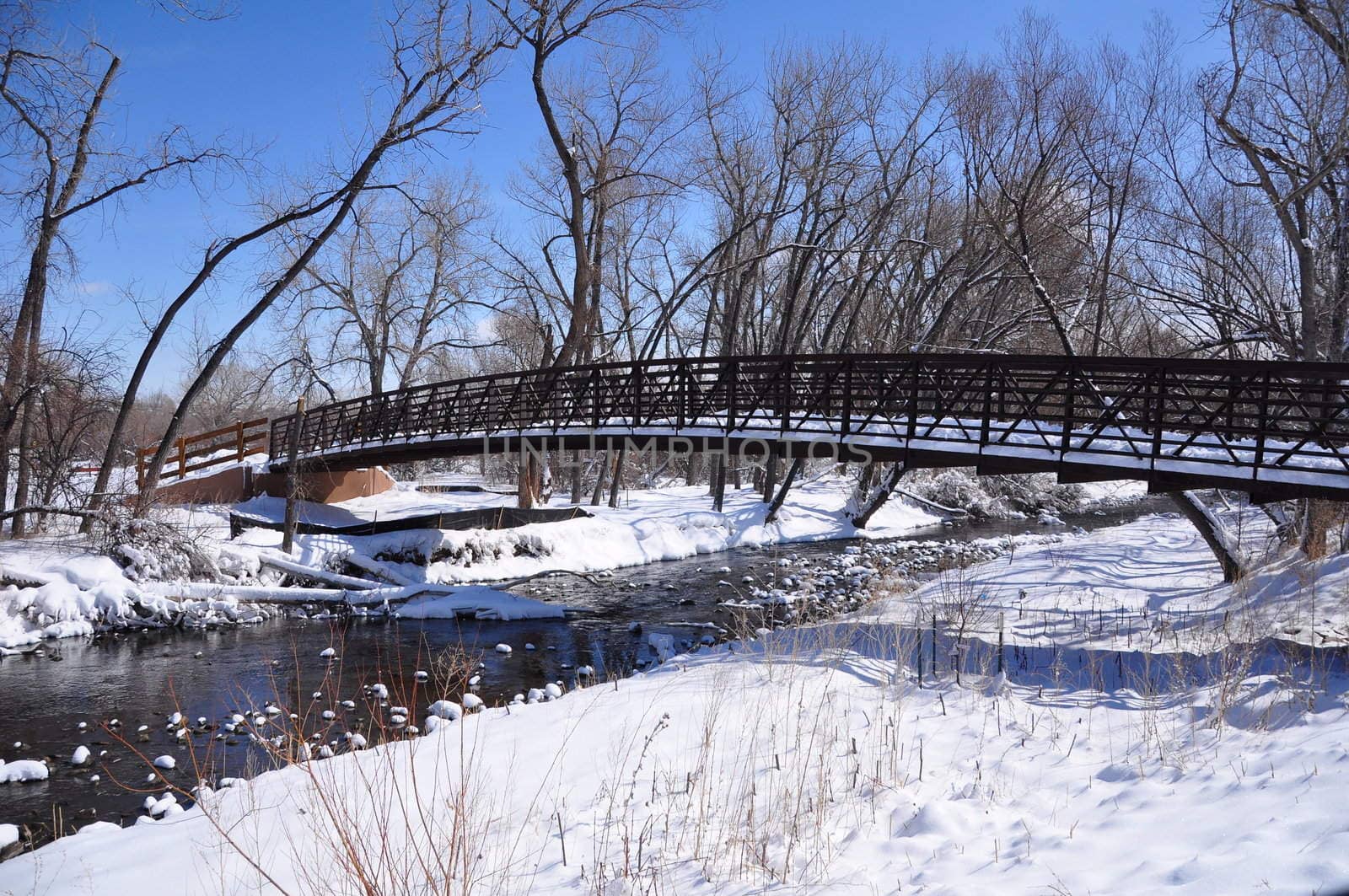 A bridge is covered with snow in the middle of Colorado winter.