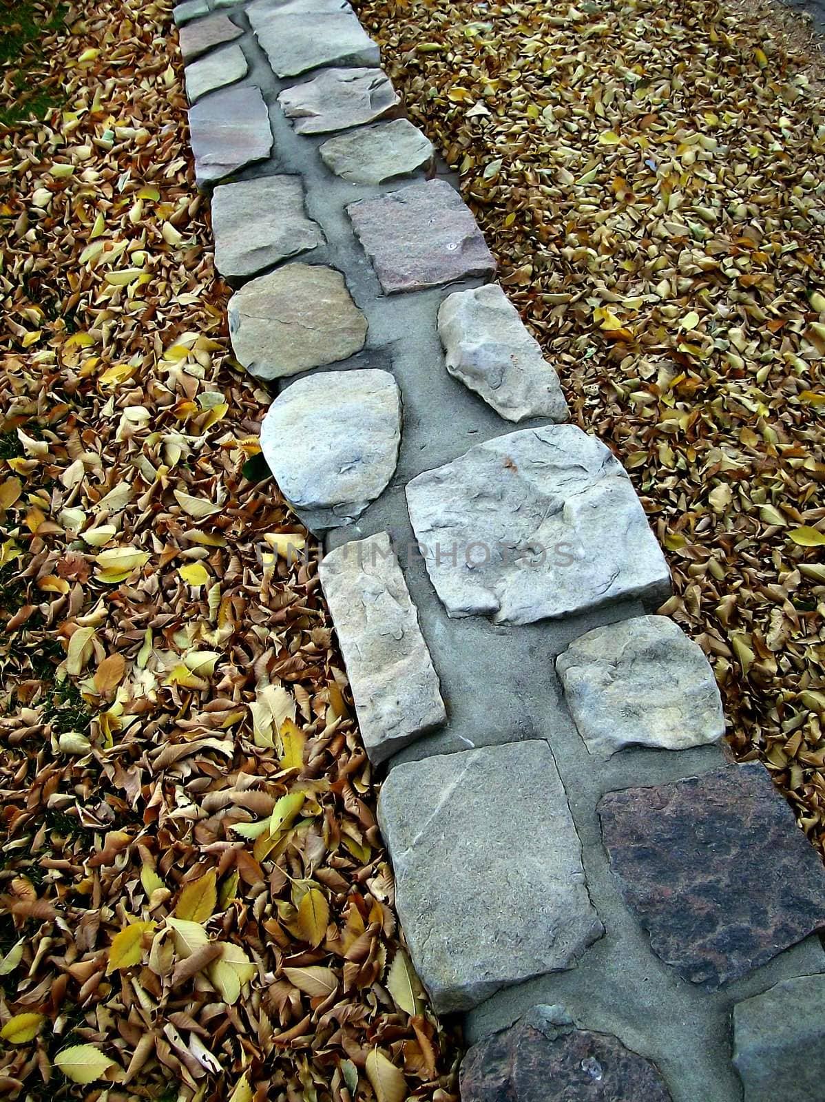 Autumn leaves piled alongside a stone and mortar wall.