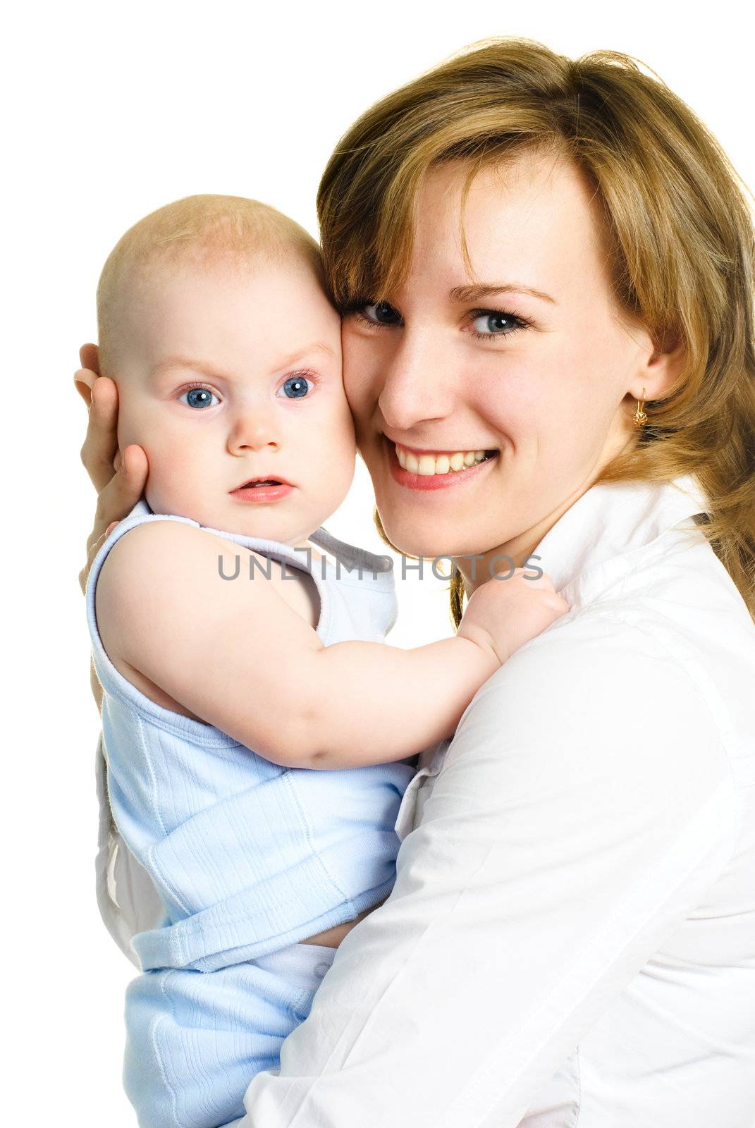 young happy beautiful mother with her little baby against white background