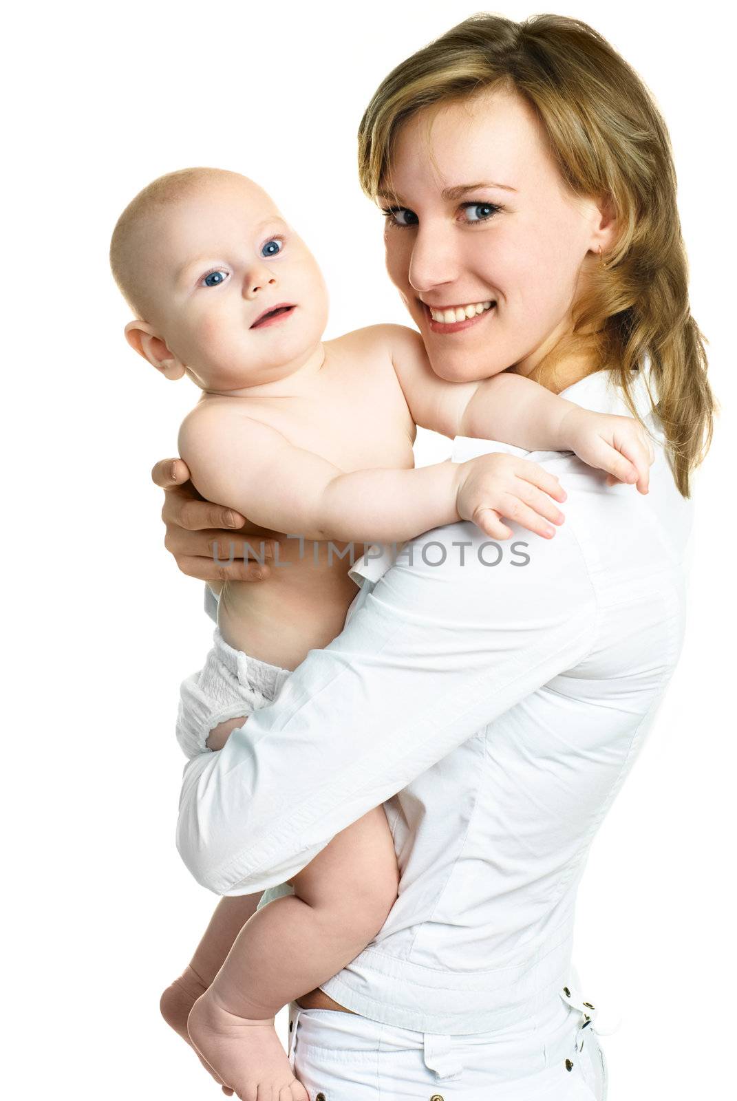 young happy beautiful mother with her little baby against white background