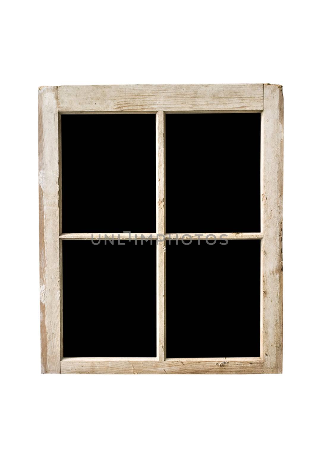 Old residential window frame isolated on white with panes blacked out.
