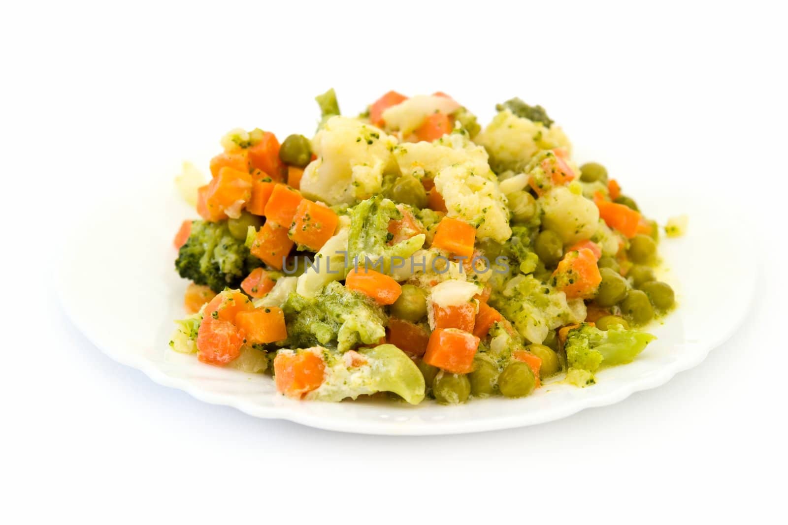 Fried vegetables with sauce on a white plate