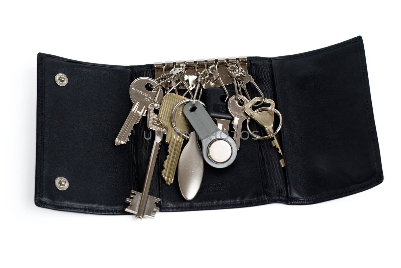 leather key holder with bunch of keys, close-up