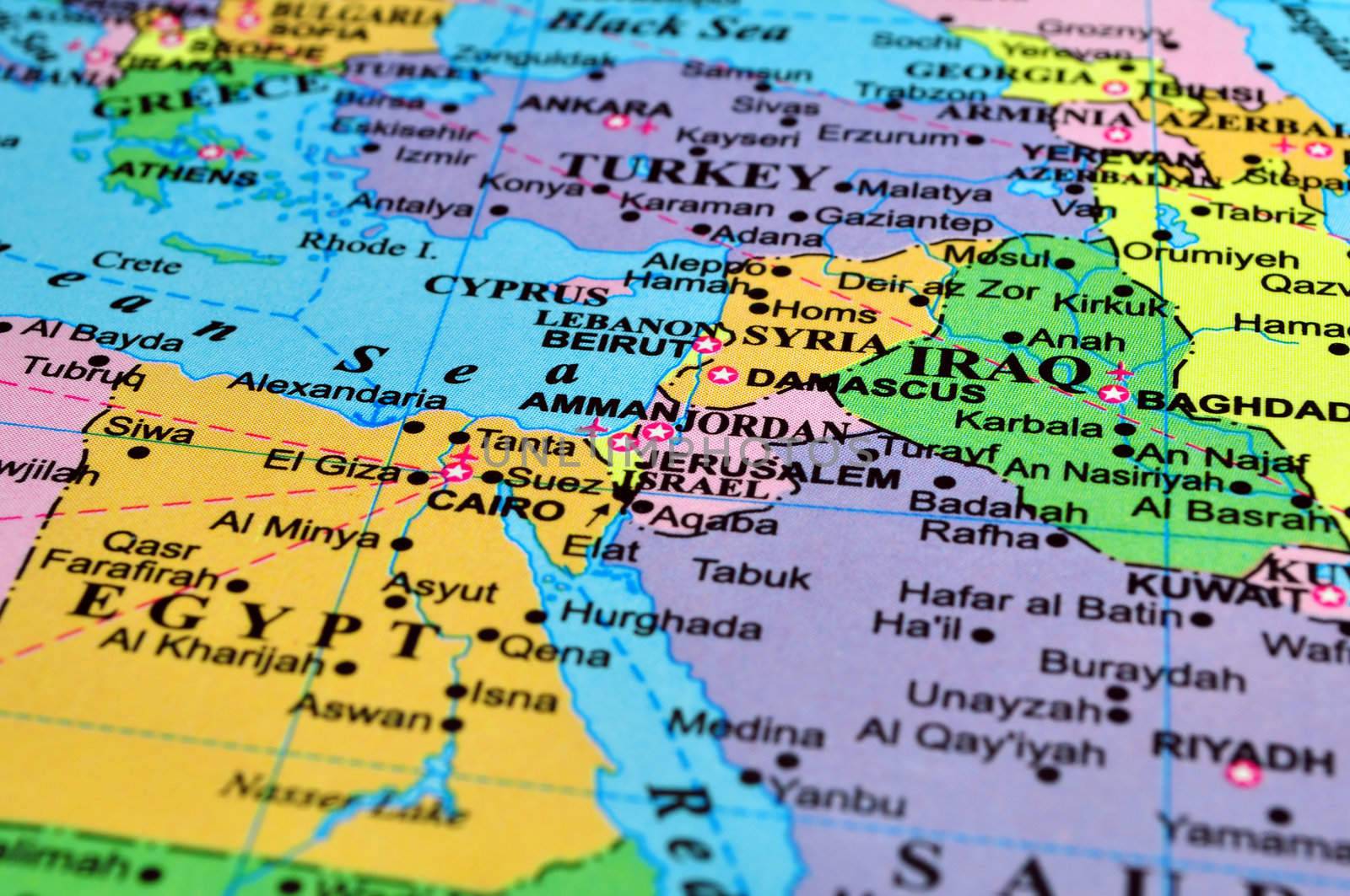 Middle East map, conflict zone. Focus on the Israel-Syria-Jordan area.