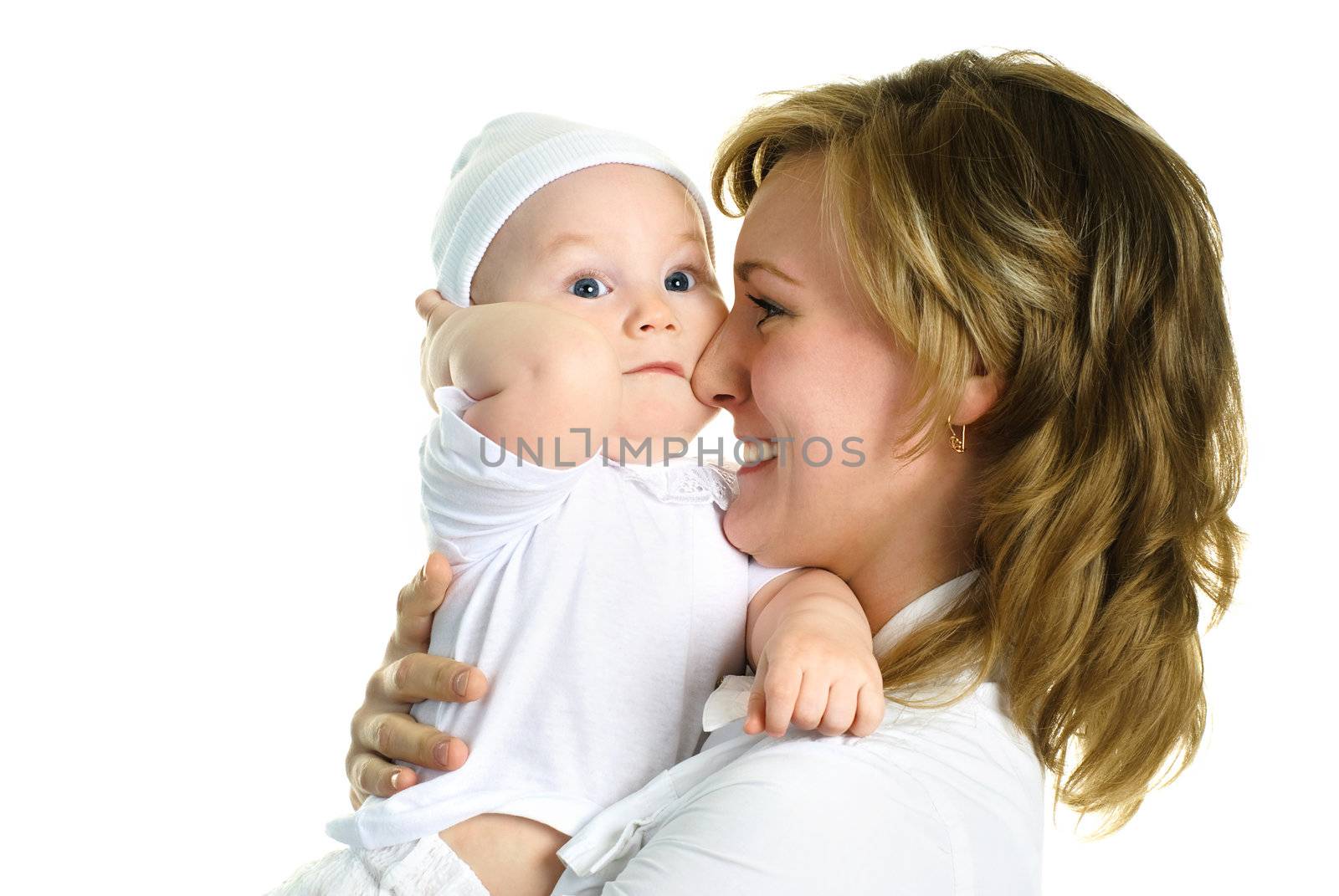 young happy beautiful mother with her little baby against white background