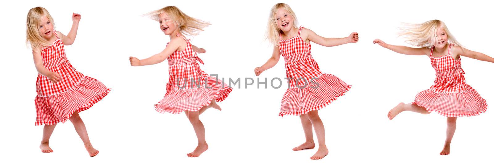 Collage of four photos of a little dancing girl