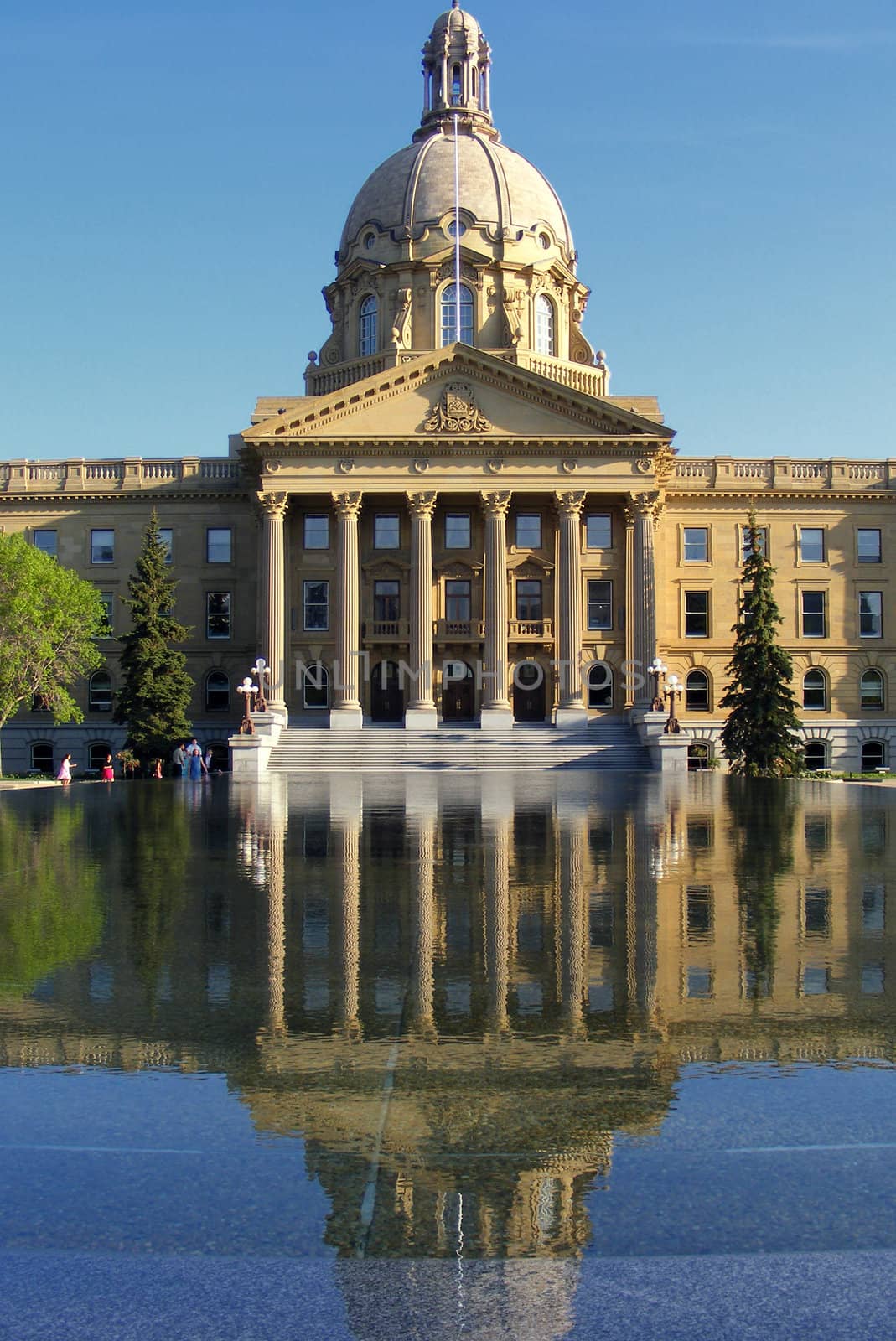 A mirror image of the Legislature building in Edmonton, Alberta, Canada.