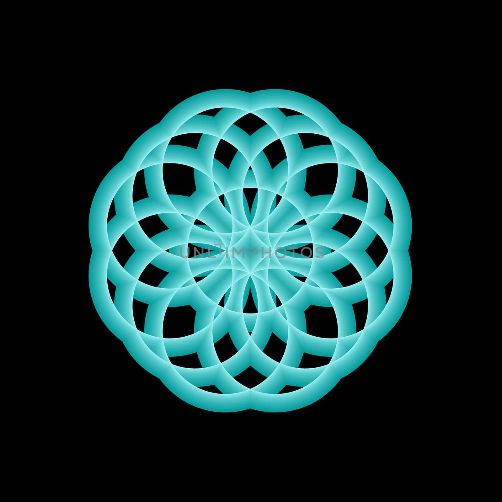 A chrysanthemum shaped fractal done in turquoise on a black background.