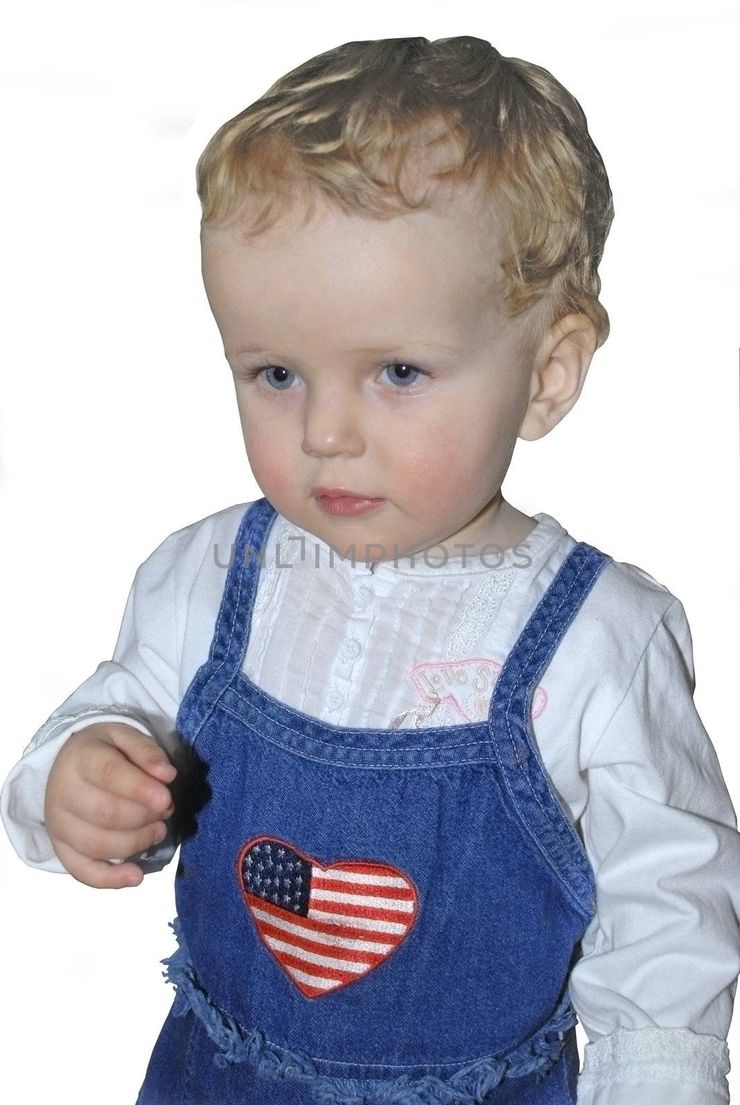 girl in dress with embroidery american flag in the views of heart