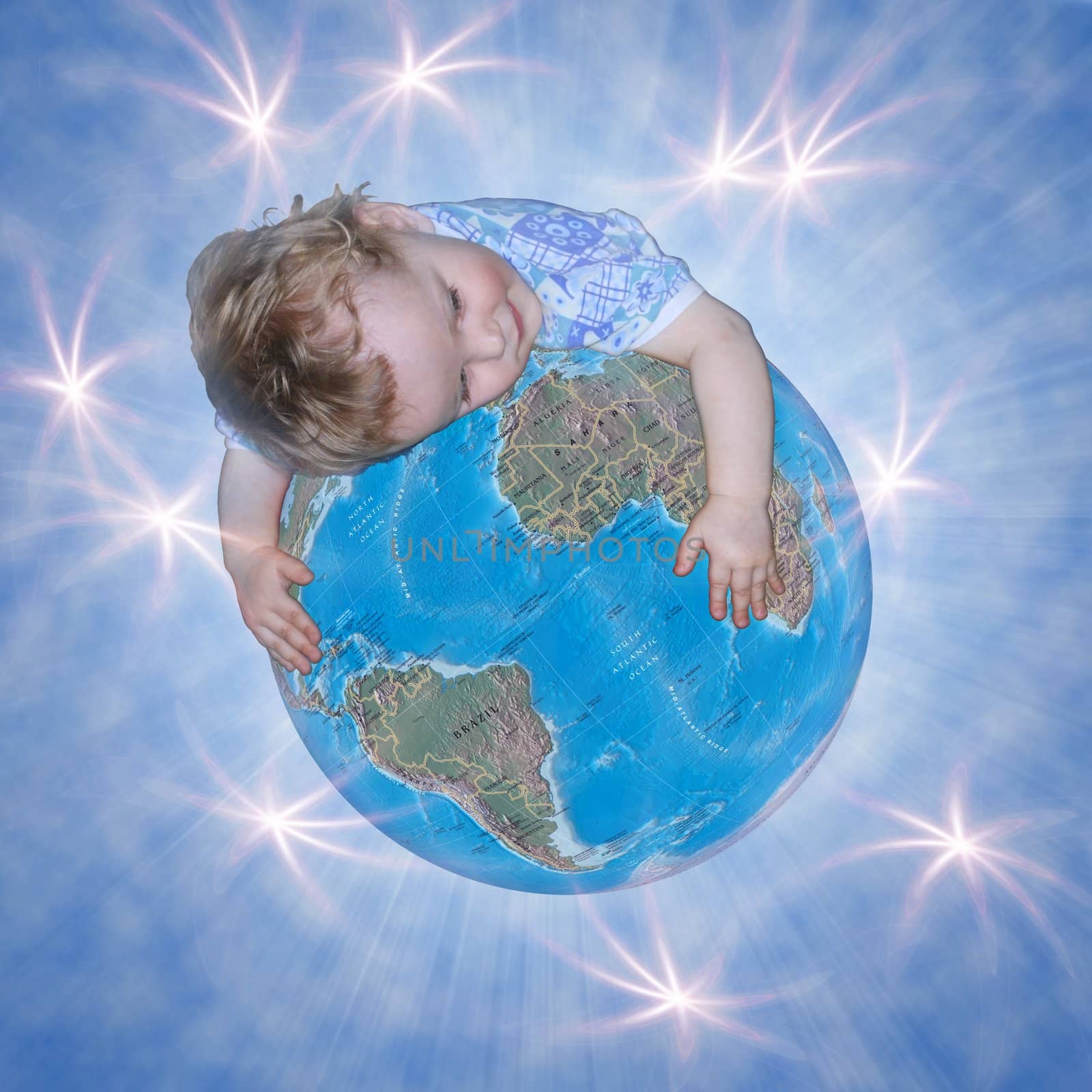 the child is embraces the globe