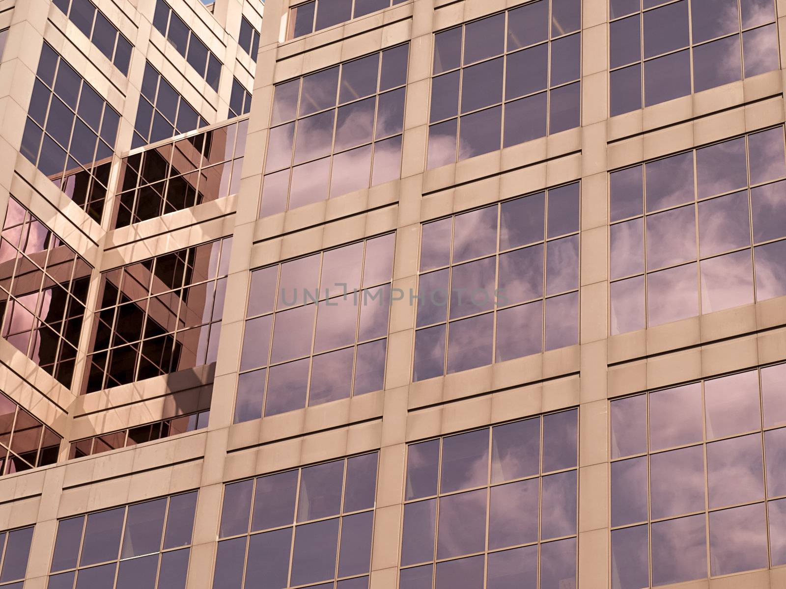A unique office building with pink tinted windows.