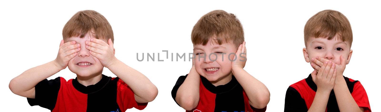 Hear no evil, see no evil and speak no evil, boy isolated on white background