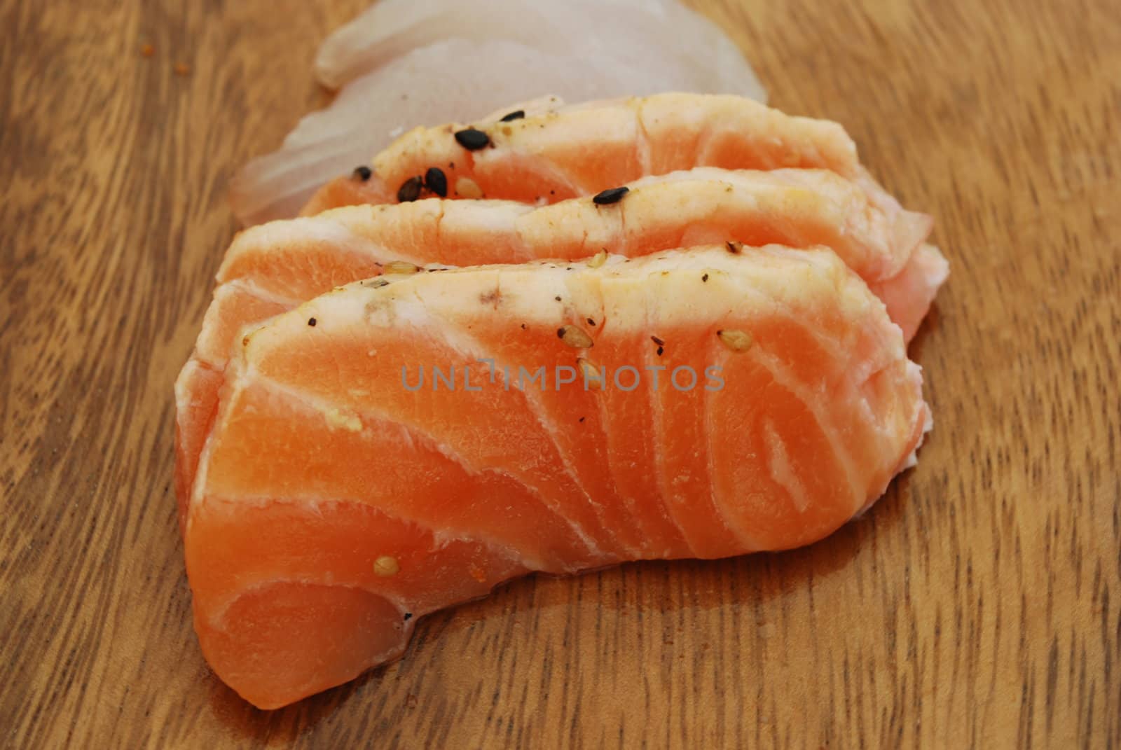 high quality photo of sushi meal (sashimi, bass and salmon)