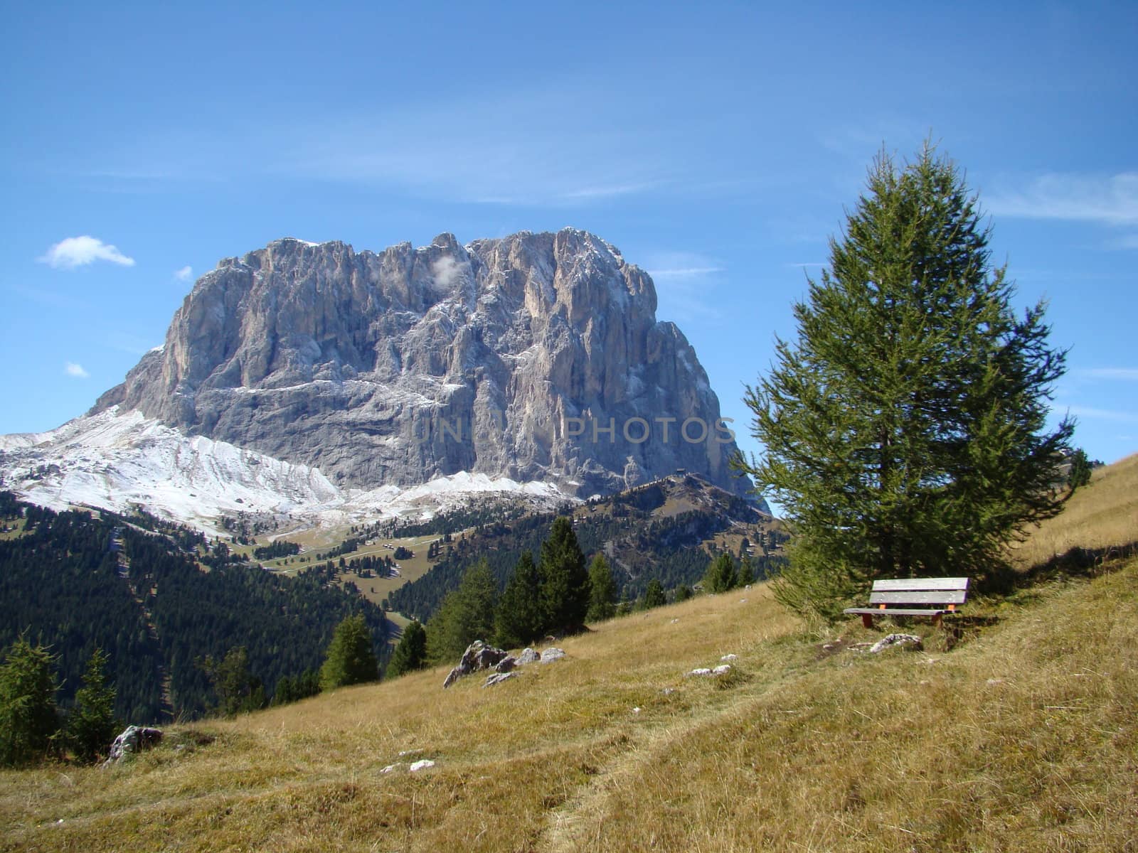 rest in the Dolomites, the summit Sassolungo ( Langkofel) in Gardena Valley, Italy.