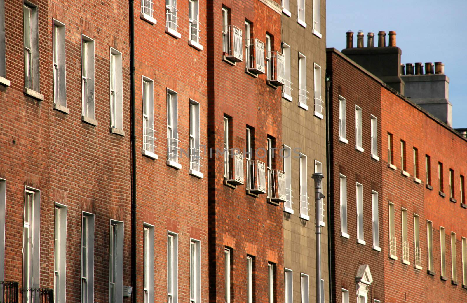 Rows of brick buildings in Dublin, Ireland.
