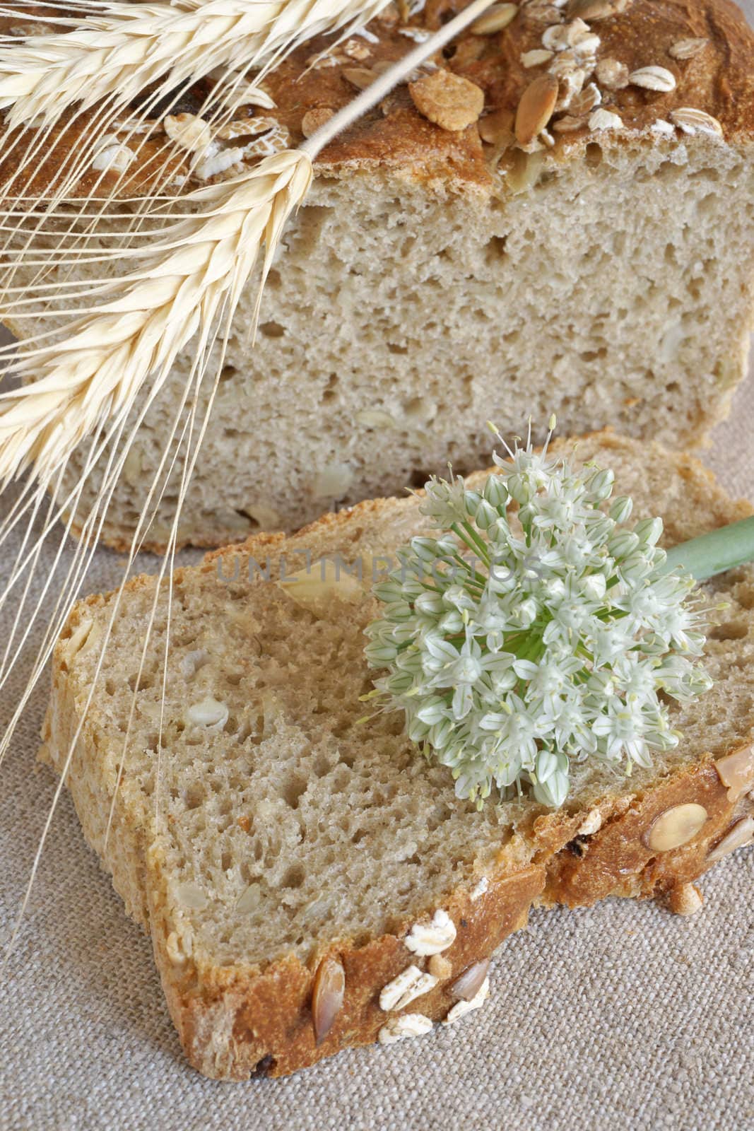 Slice of oniony bread with onion flower by mulden