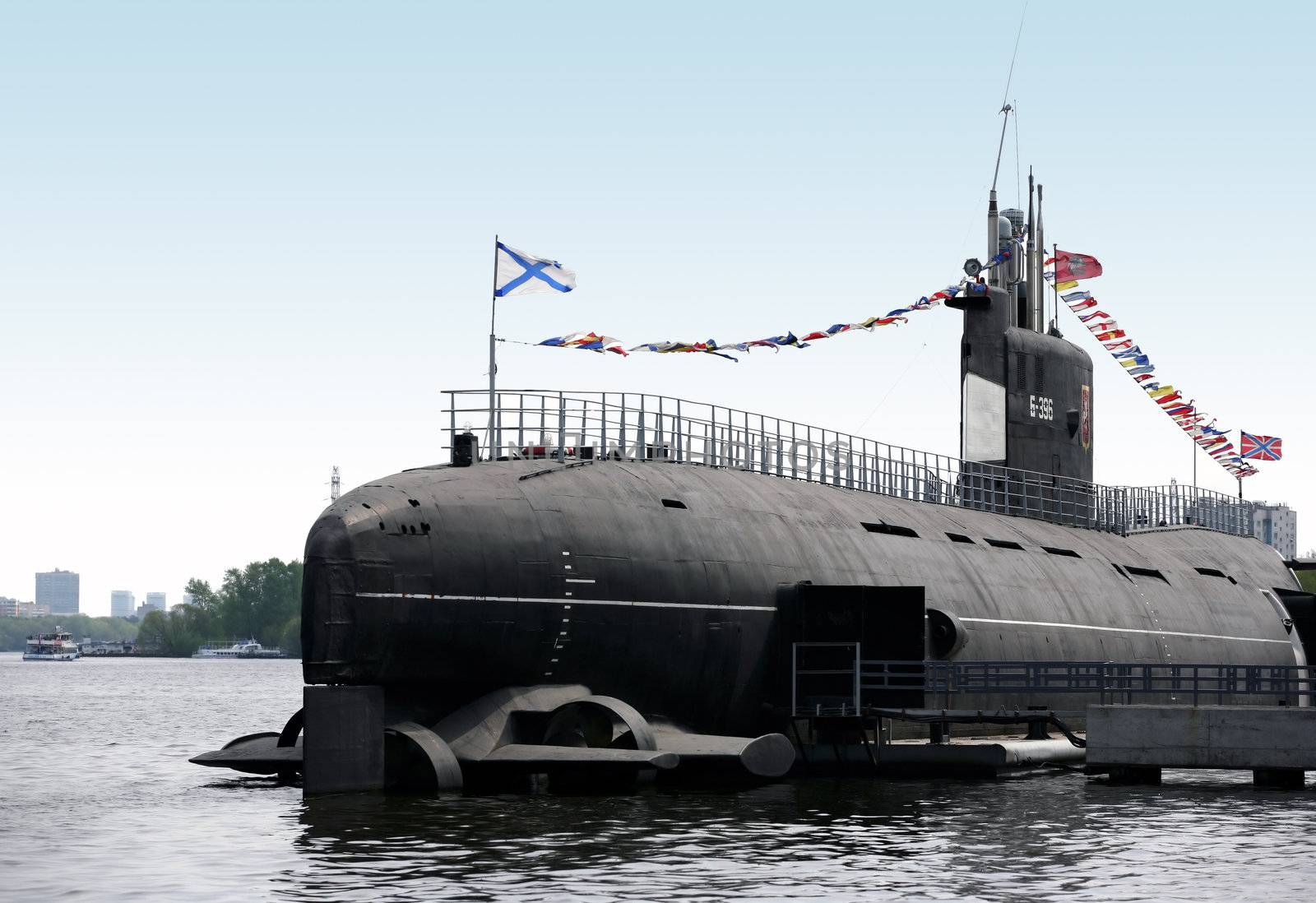 Russian submarine in a museum on water