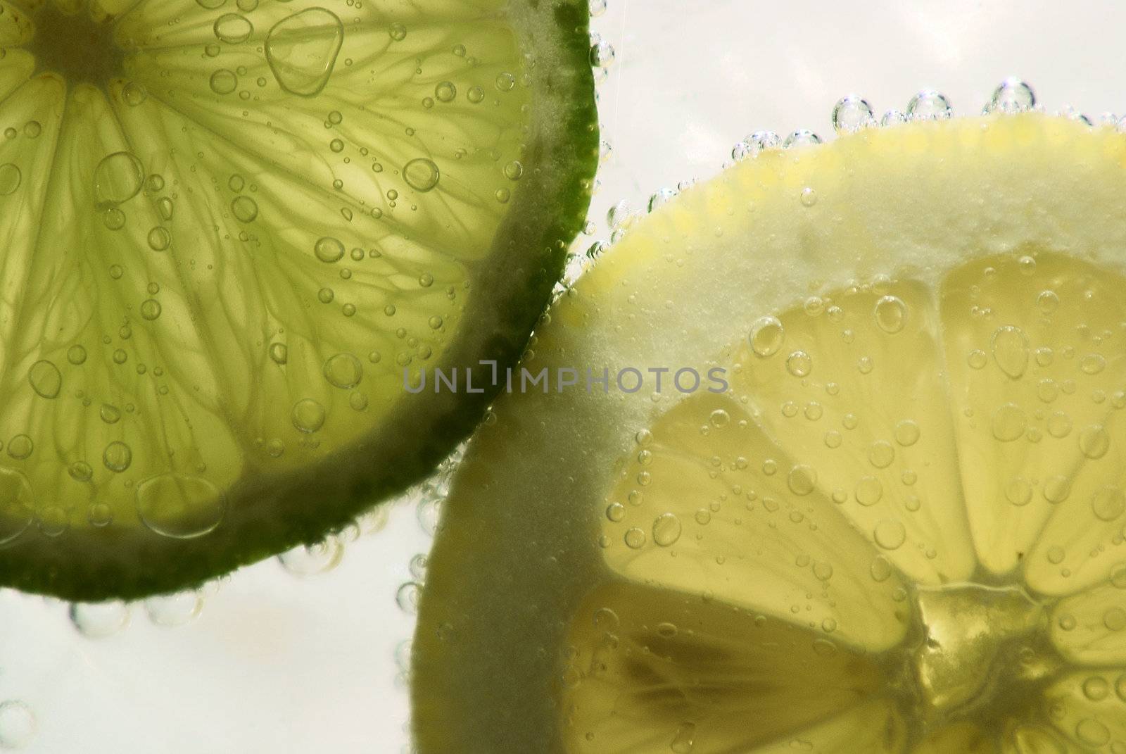 slice of lemon and lime in sparkling water
