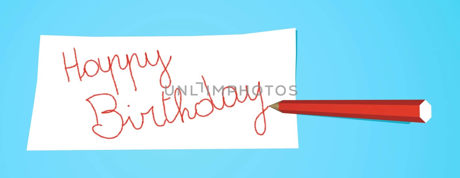 Red pencil that writes Happy Birthday on a white note