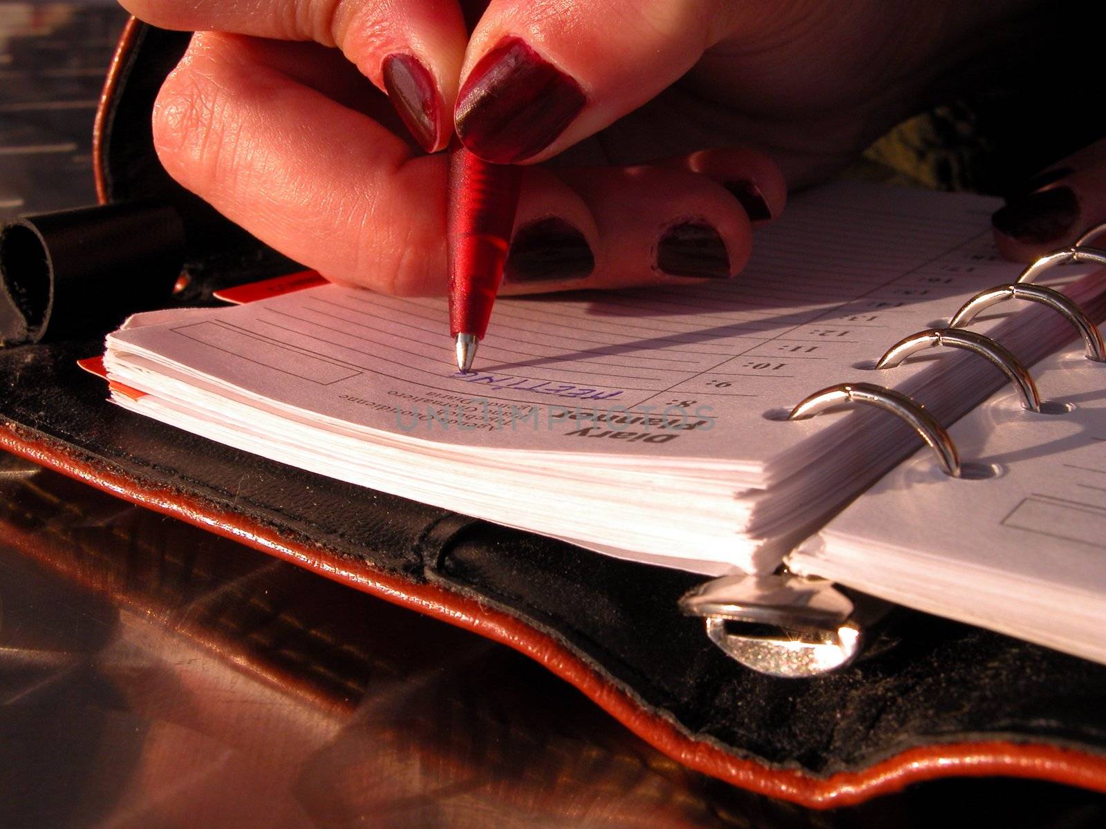 A girl hand writing the schedule into the diary.          