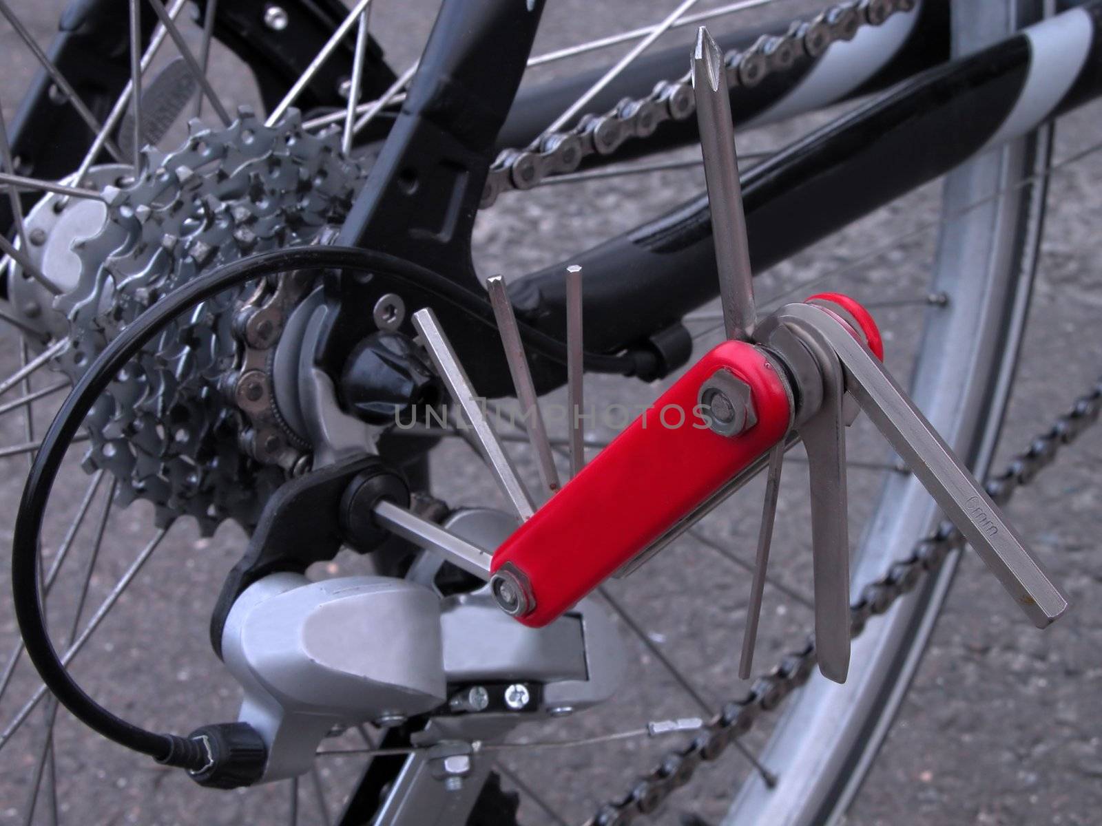 Multi folding tool fixed in a back pinions group.Useful image for designs connected with bicyle gear.Selective focus on the tool.          