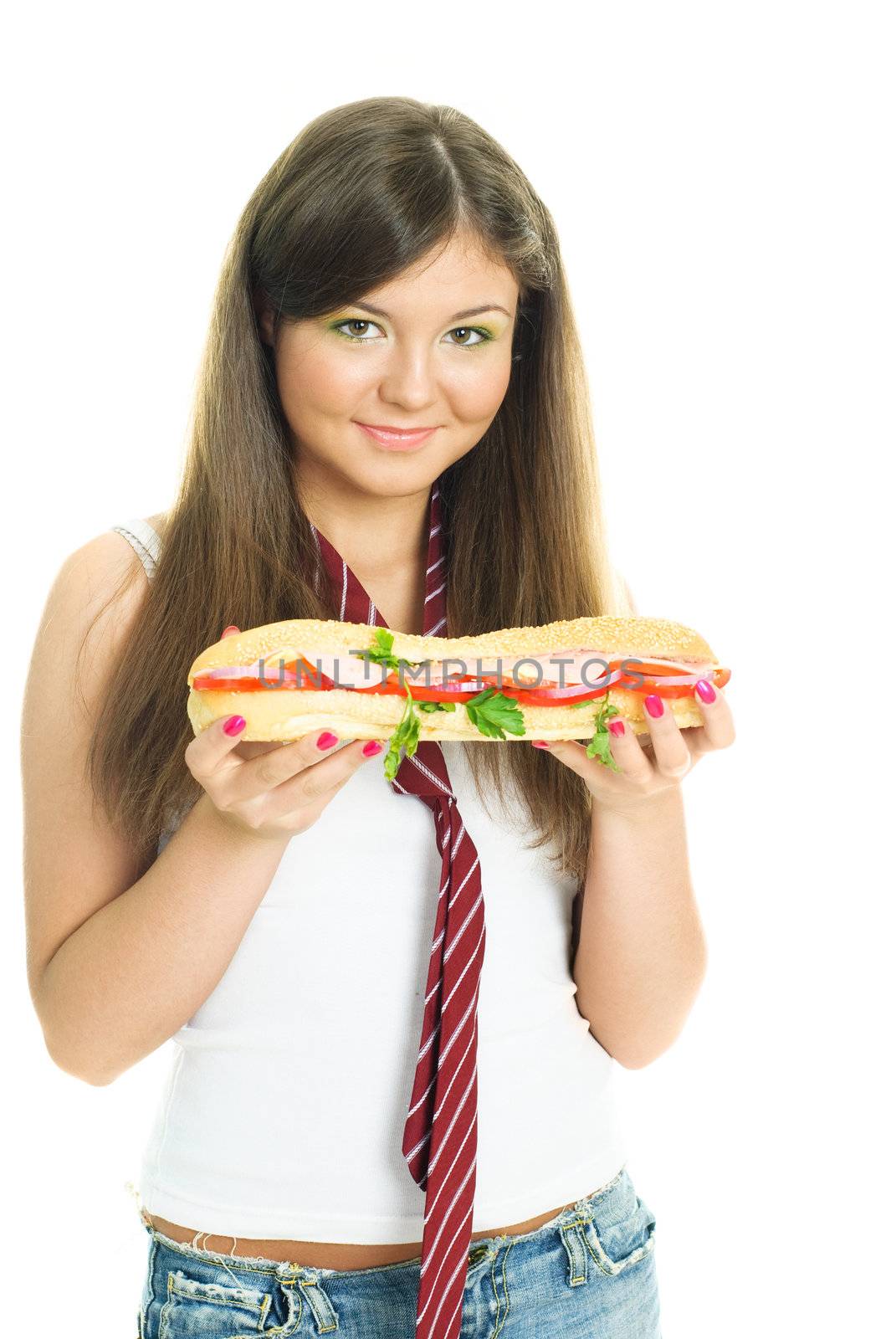 beautiful brunette girl eating a huge sandwich, isolated against white background