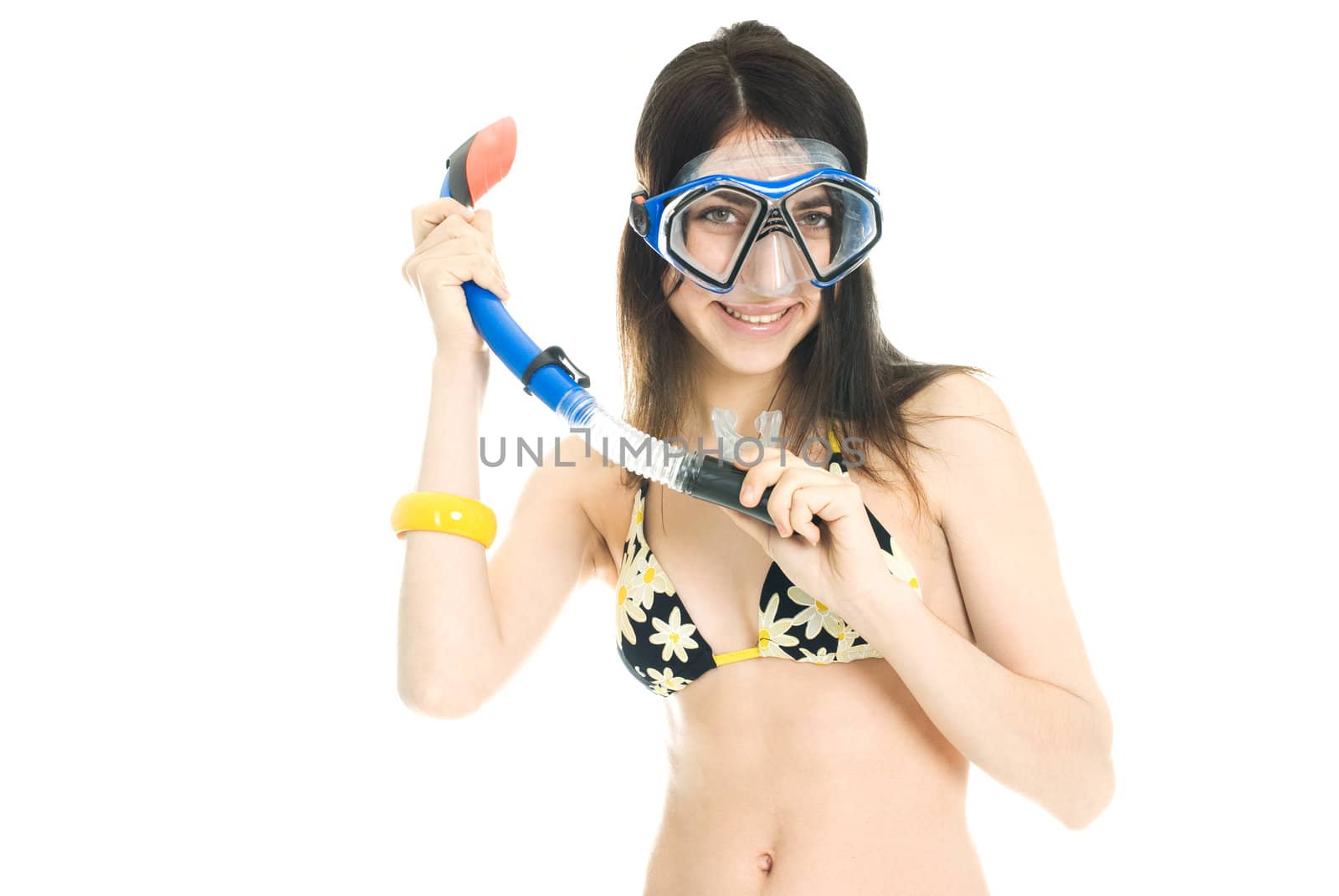 portrait of a beautiful brunette girl with equipment for scuba diving