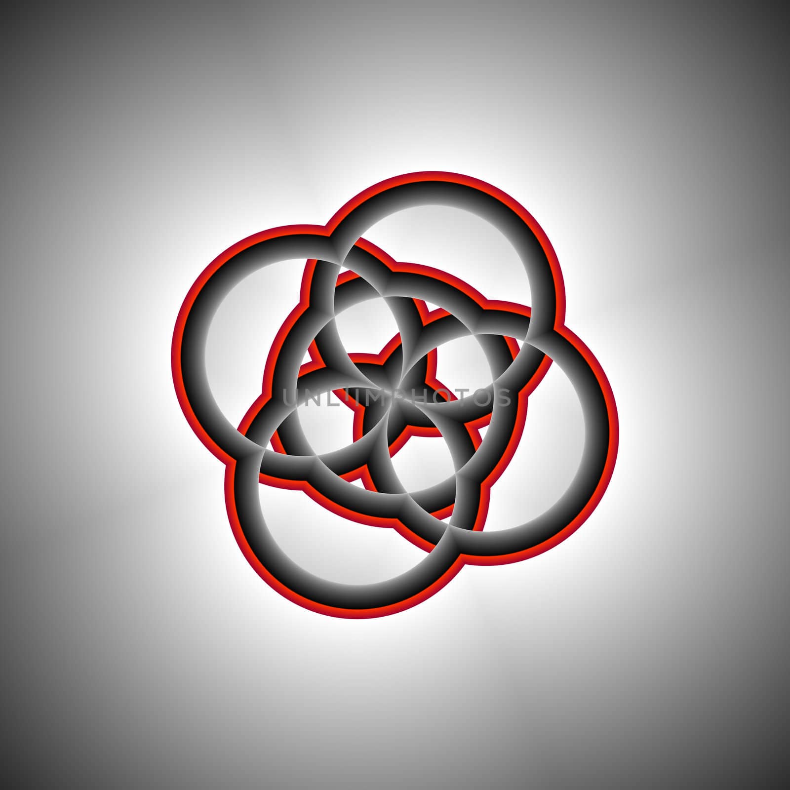 A fractal made up of five overlapping circles. it is done in shades of red and gray on a gray gradient background.