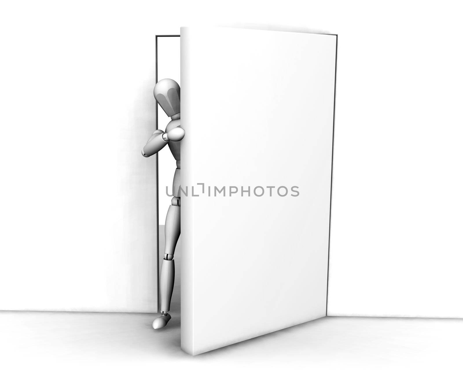 3D render of someone peeking round a door