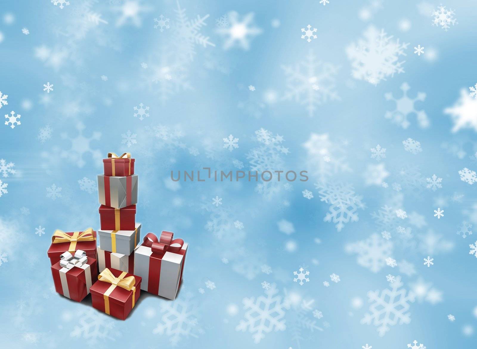 Stack of presents on a snowy background