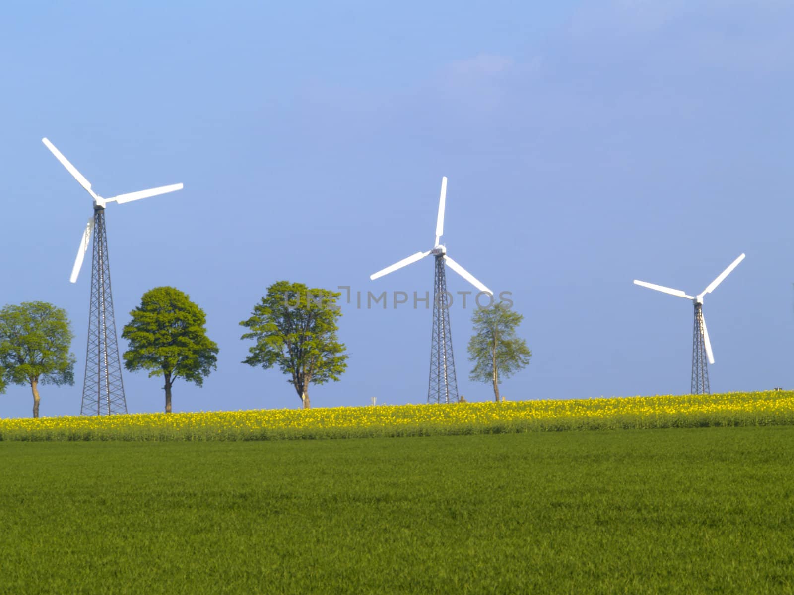 three wind power plants on nice spring day
