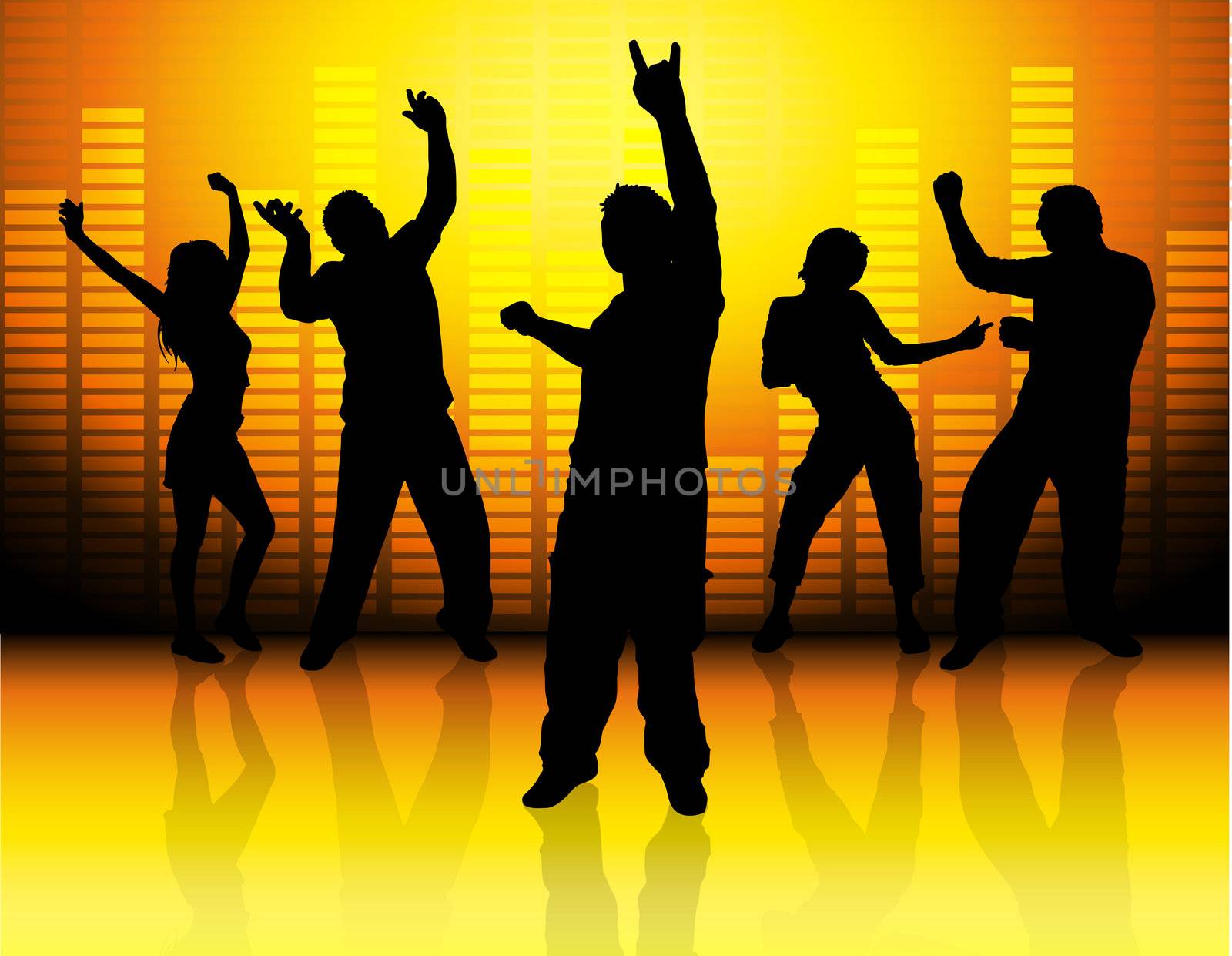 Silhouettes of people dancing on music background