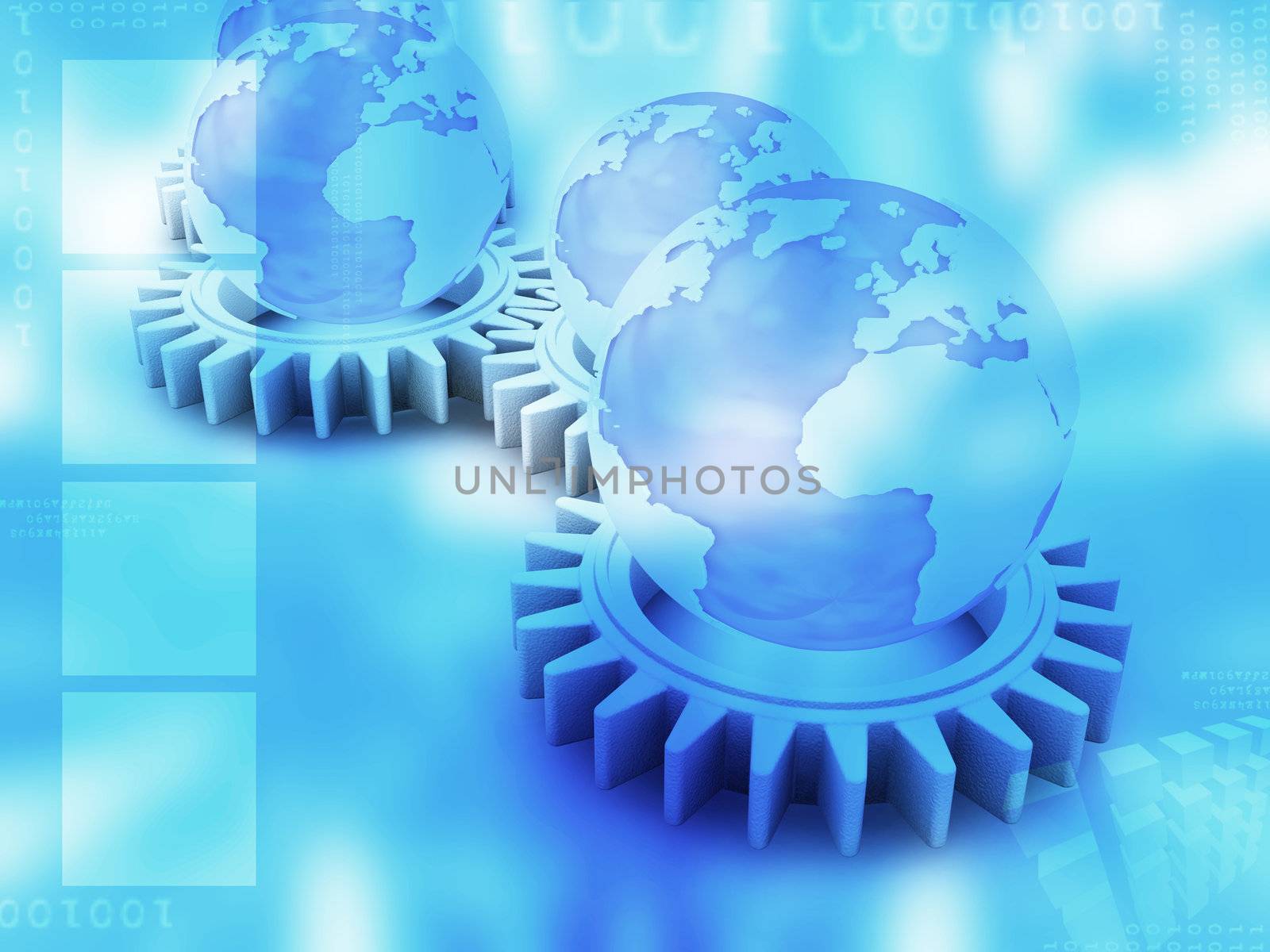 Conceptual image showing globes and gears