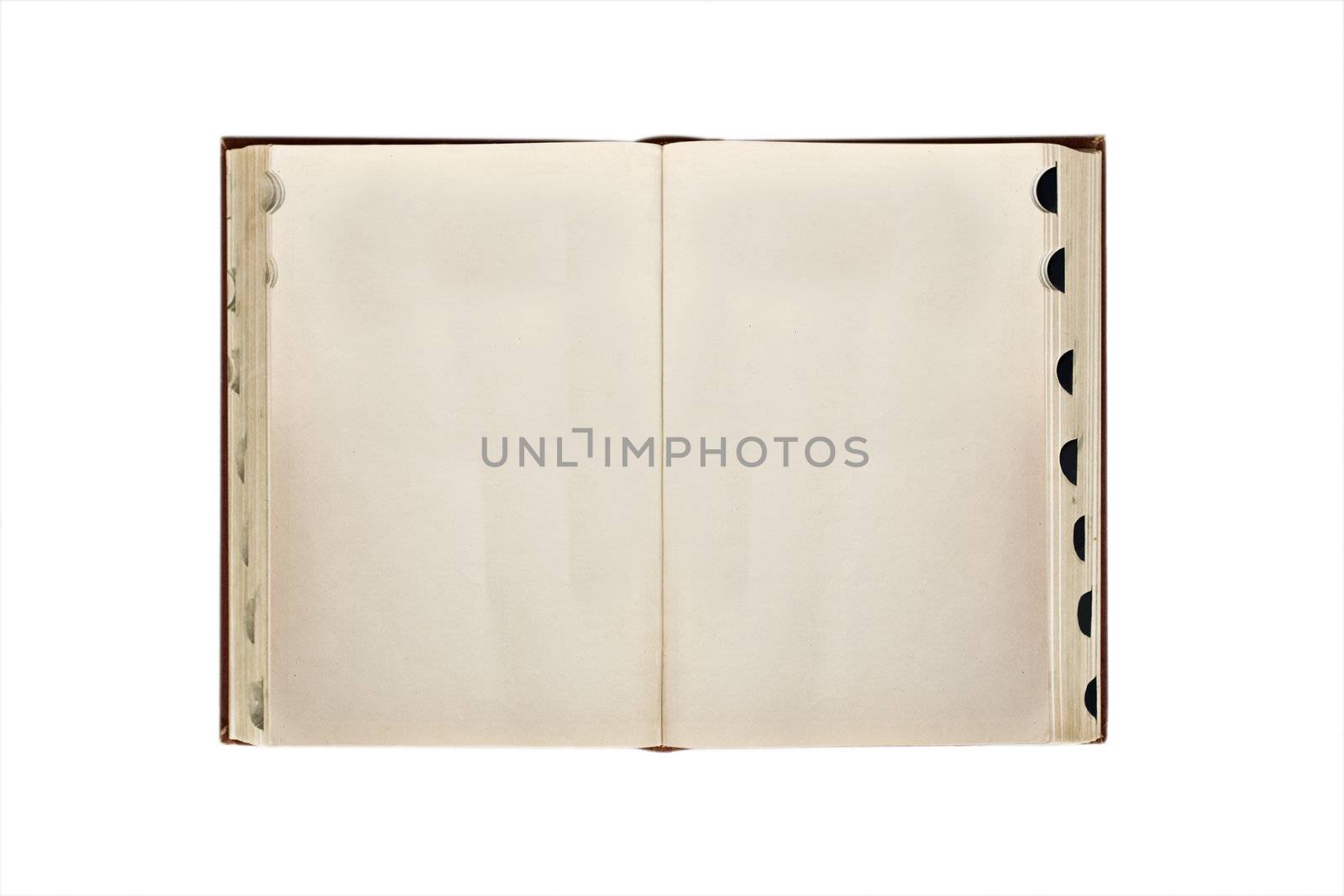 Opened vintage book with blank pages isolated over white background with clipping path.