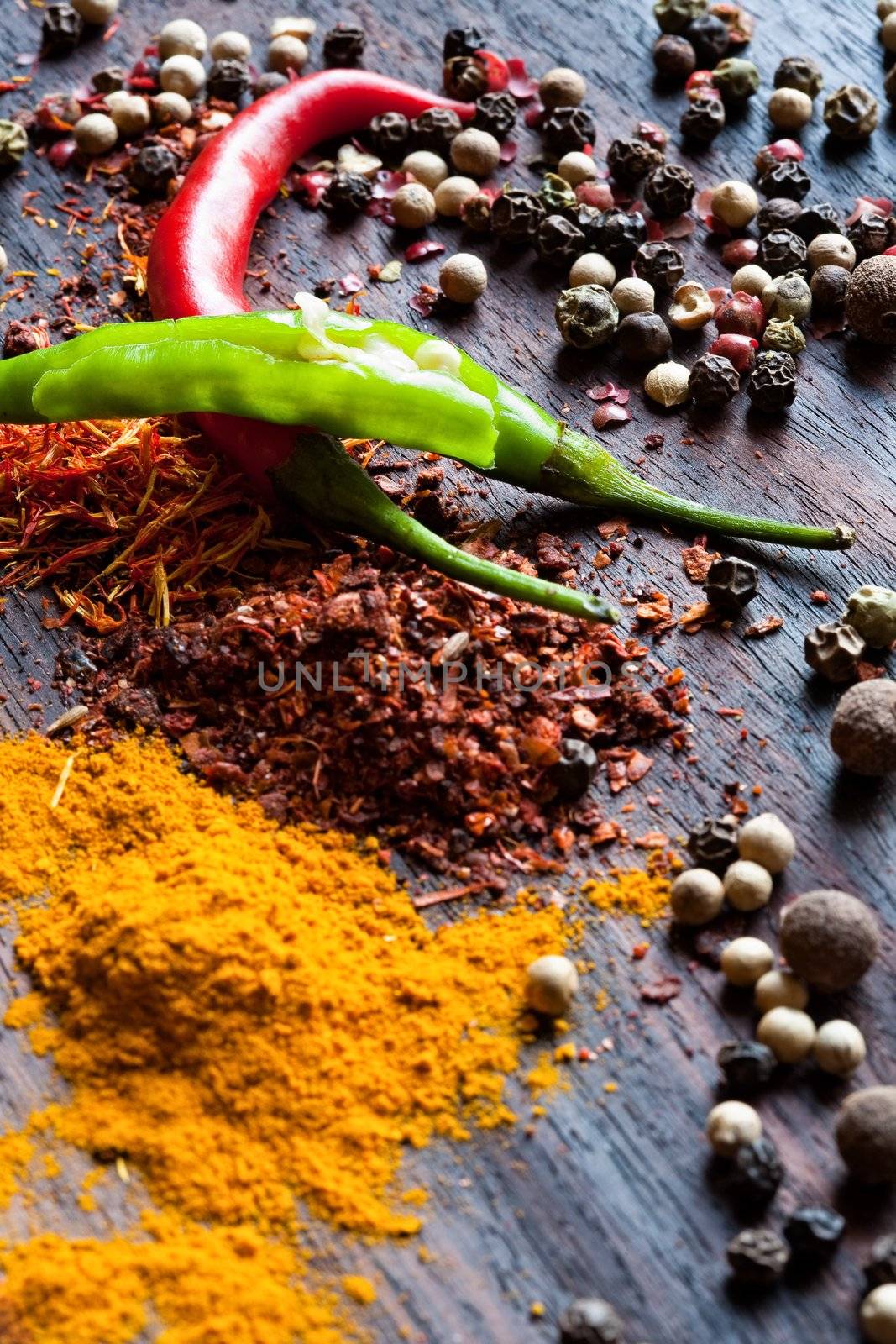 Spices are scattered on a table