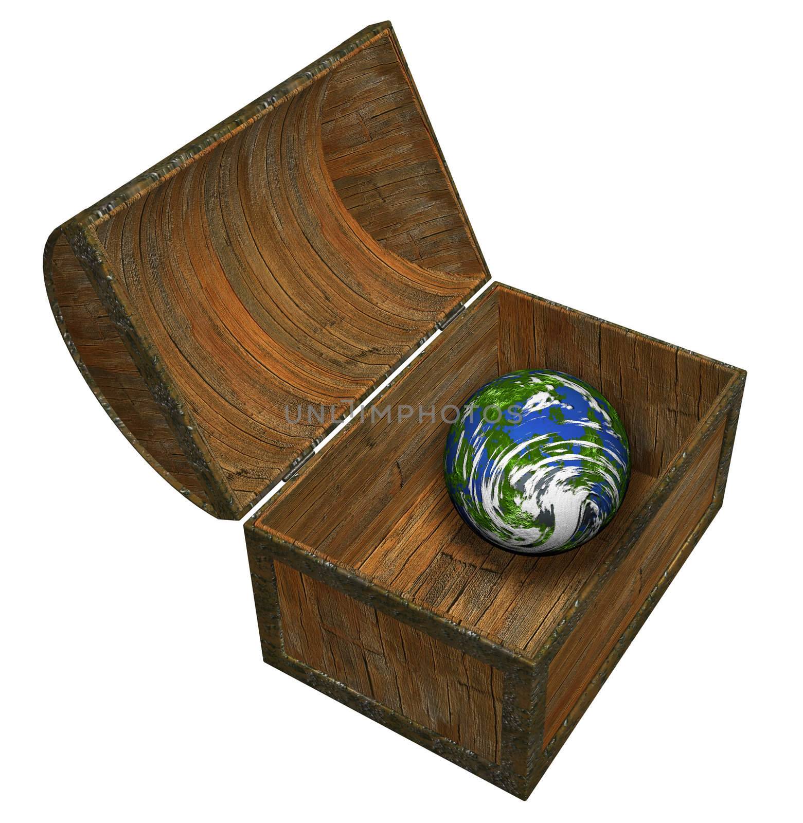 3D render of the Earth in a treasure chest